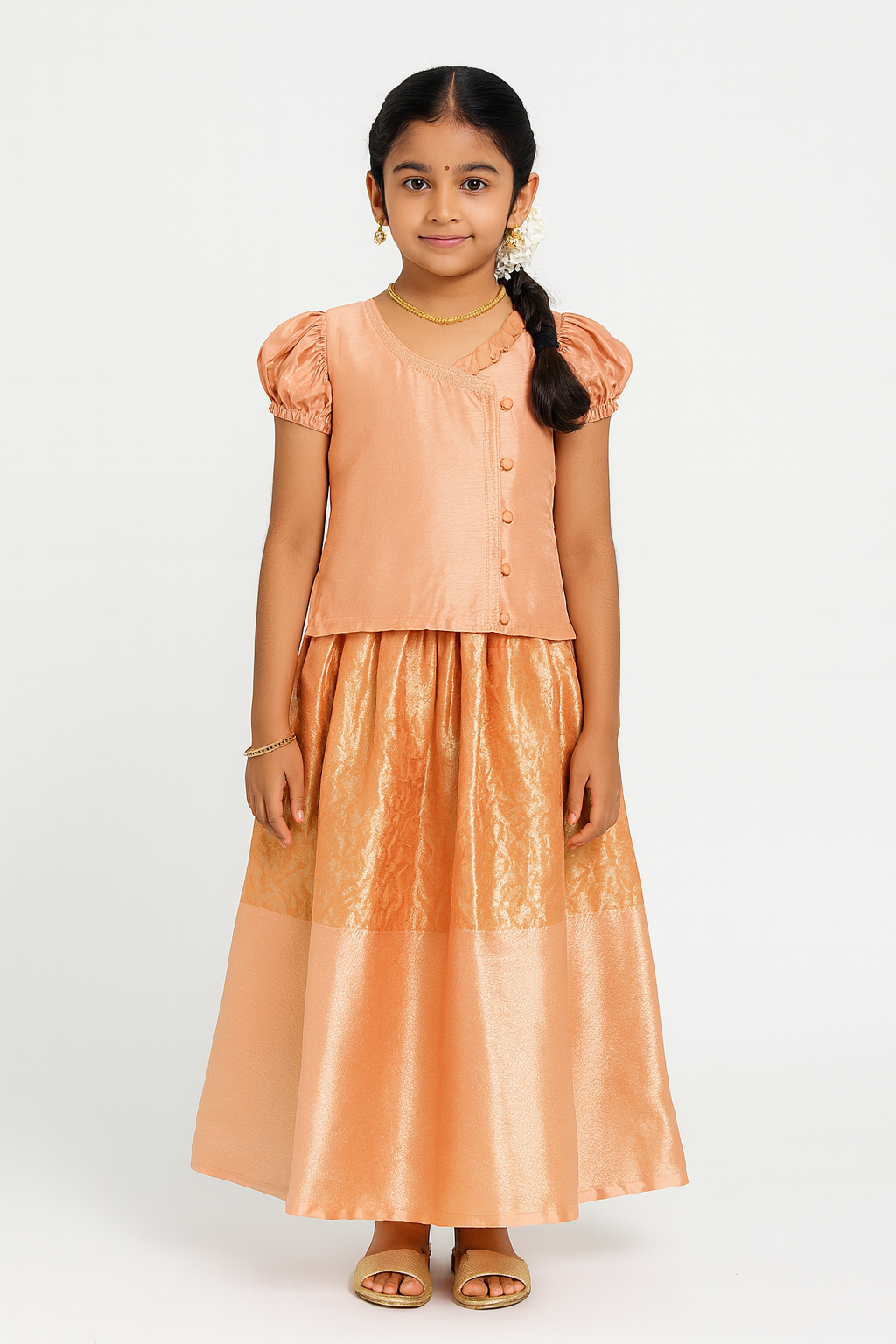 Chittythalli Girls’ Asymmetric Neck Pavadai Set – Brocade Skirt & Cotton Top - Peach - PS50