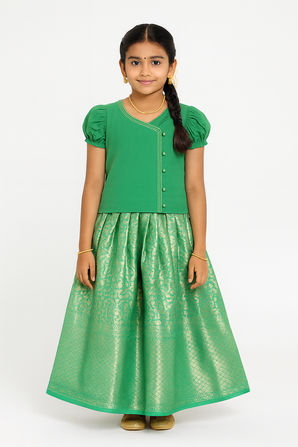 Chittythalli Girls’ Asymmetric Neck Pavadai Set – Brocade Skirt & Cotton Top - Pista Green - PS50