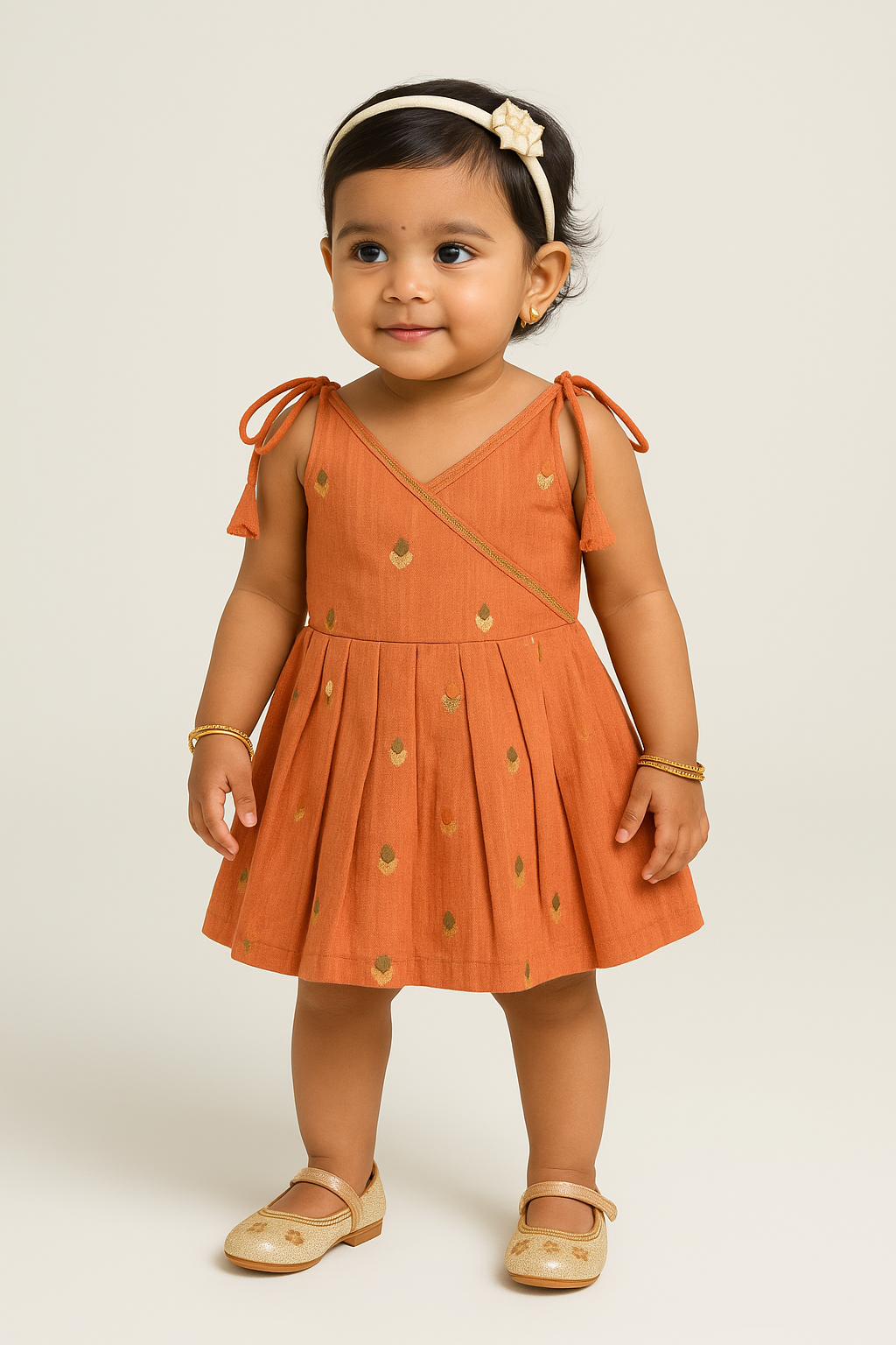 Chittythalli Girls’ Ethnic Frock – Angarkha Cut Top with Chain Stitch Embroidery & Knife Pleated Skirt - Orange - FR39
