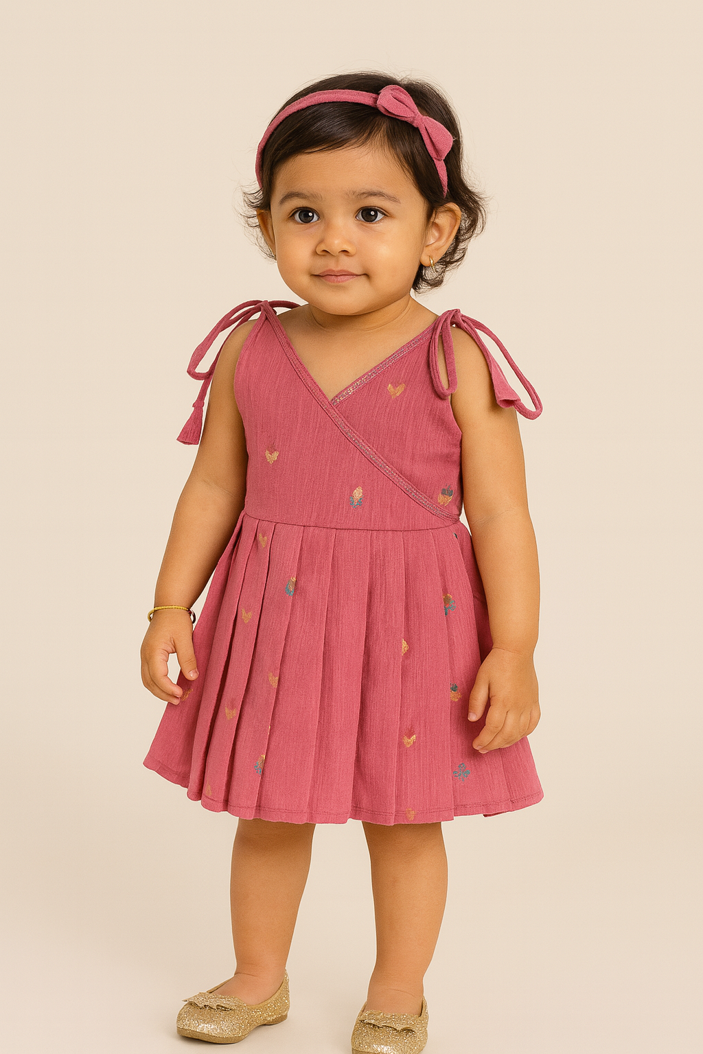 Chittythalli Girls’ Ethnic Frock – Angarkha Cut Top with Chain Stitch Embroidery & Knife Pleated Skirt - Pink  - FR39