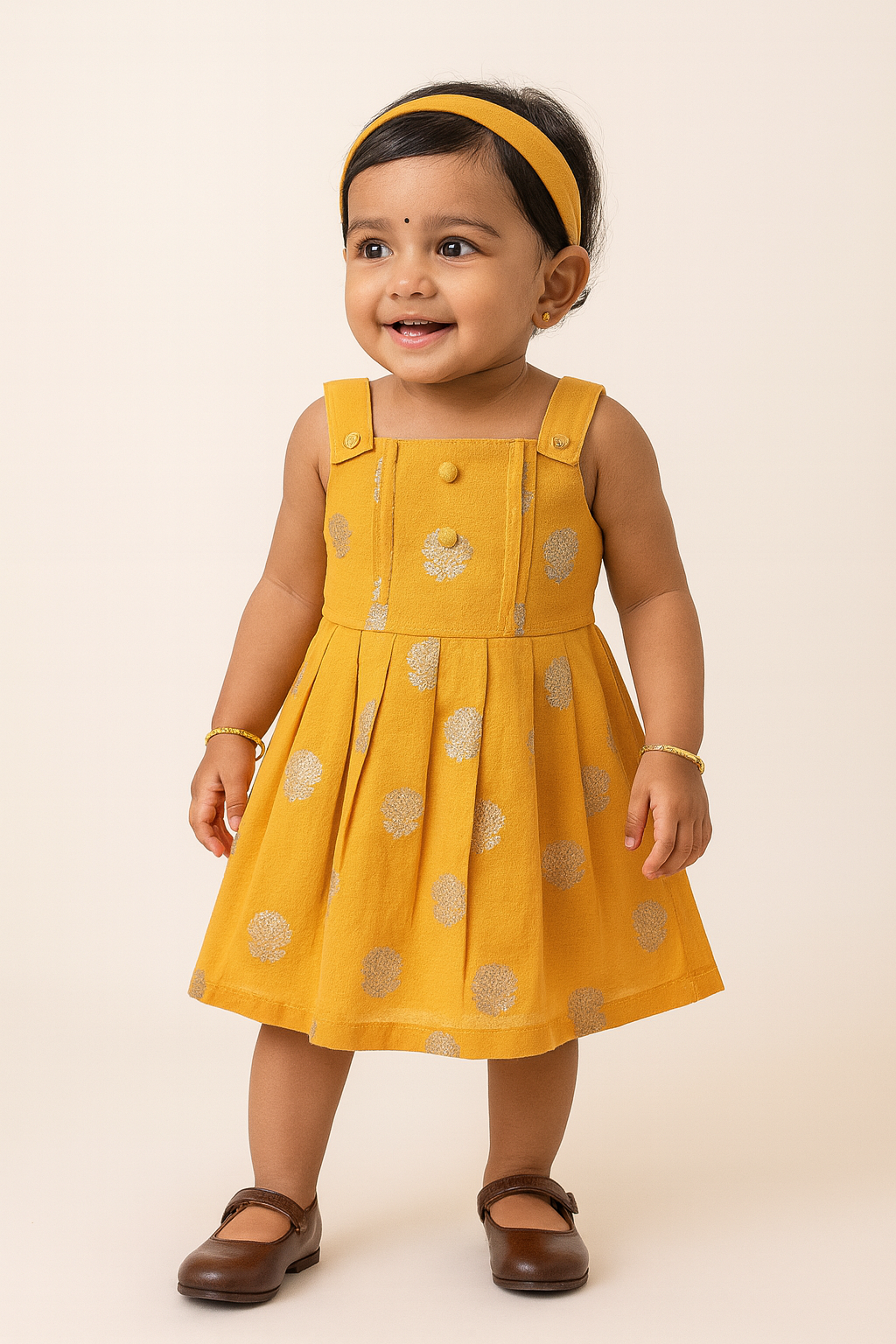 Chittythalli Girls Ethnic Frock Top with Pintuck Yoke and Pleated Skirt Traditional Indian Festive Wear - Yellow - FR36