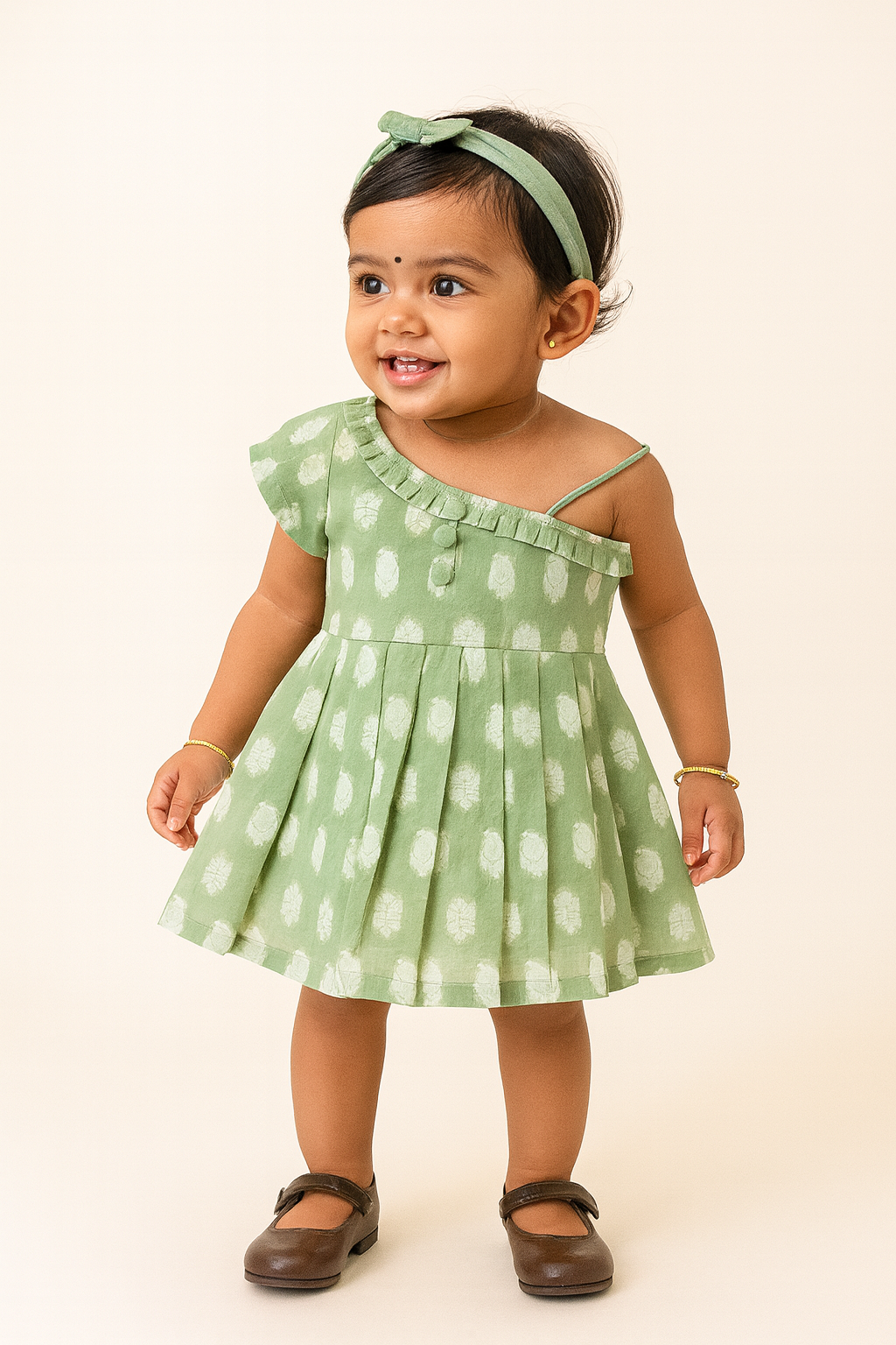 Chittythalli Girls Ethnic Frock With Knee-Length Box Pleat Frock With Knife Pleat Neck - Green - FR28