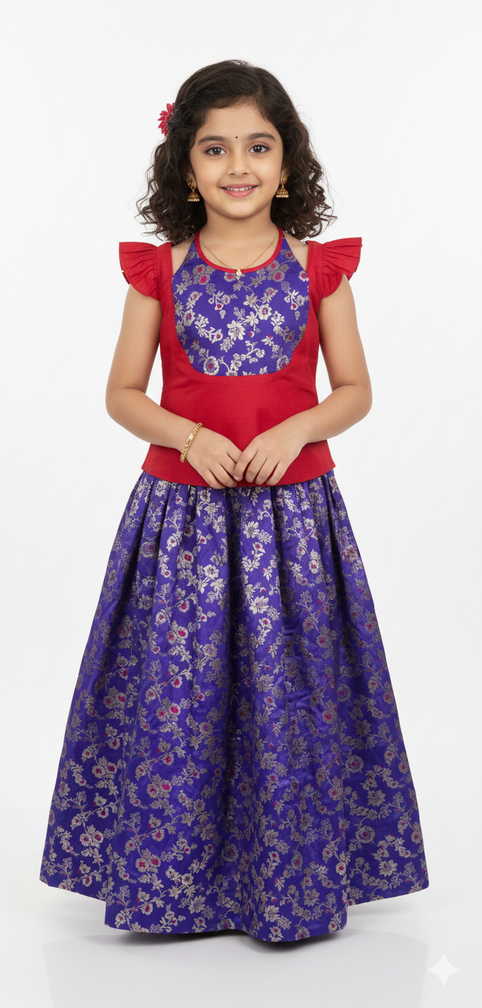 Chittythalli Girls Ethnic Pavadai Set Cold Shoulder Halter Neck Top with Pleated Skirt Brocade Festive Wear- Pink - PS89