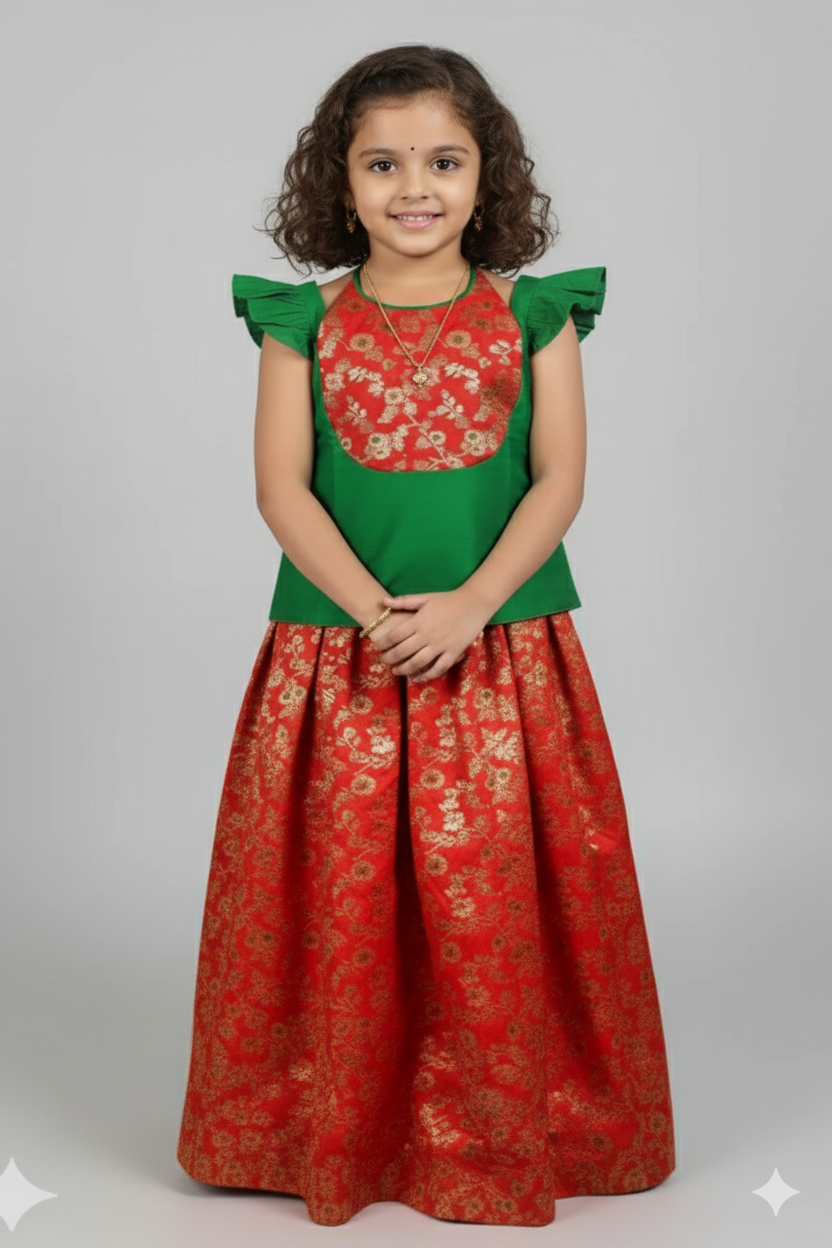 Chittythalli Girls Ethnic Pavadai Set Cold Shoulder Halter Neck Top with Pleated Skirt Brocade Festive Wear- Red - PS89