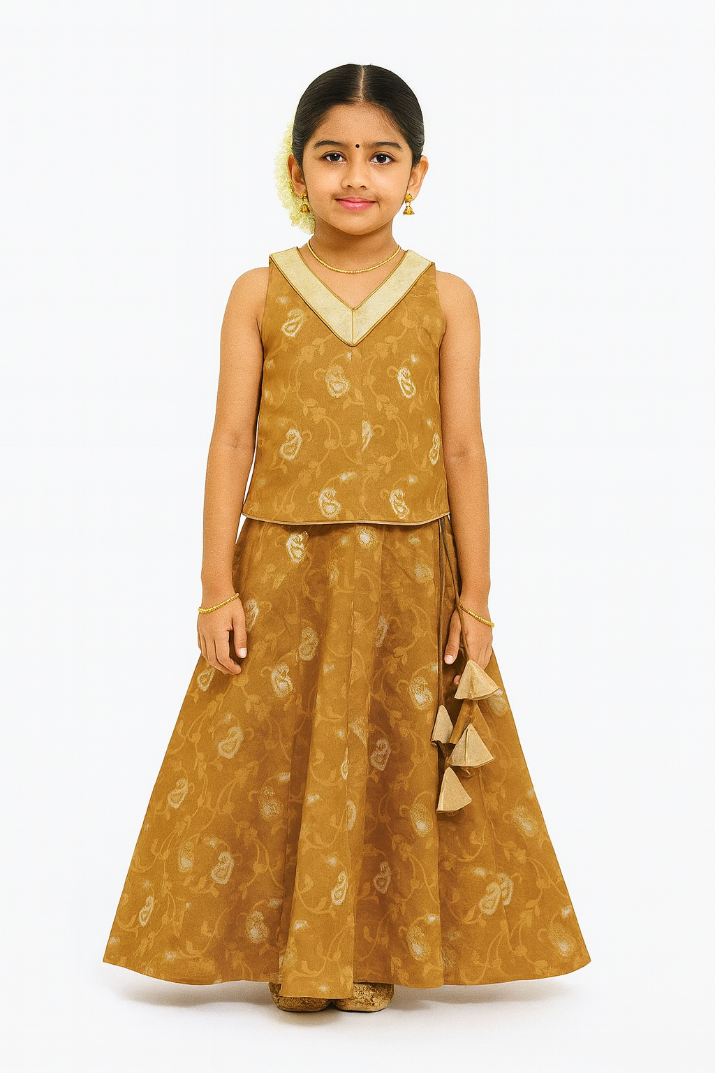 Chittythalli Girls’ Ethnic Pavadai Set – Sleeveless V-Neck Top with Flared Kali Skirt & Tassel Detailing - Mustard - PS60