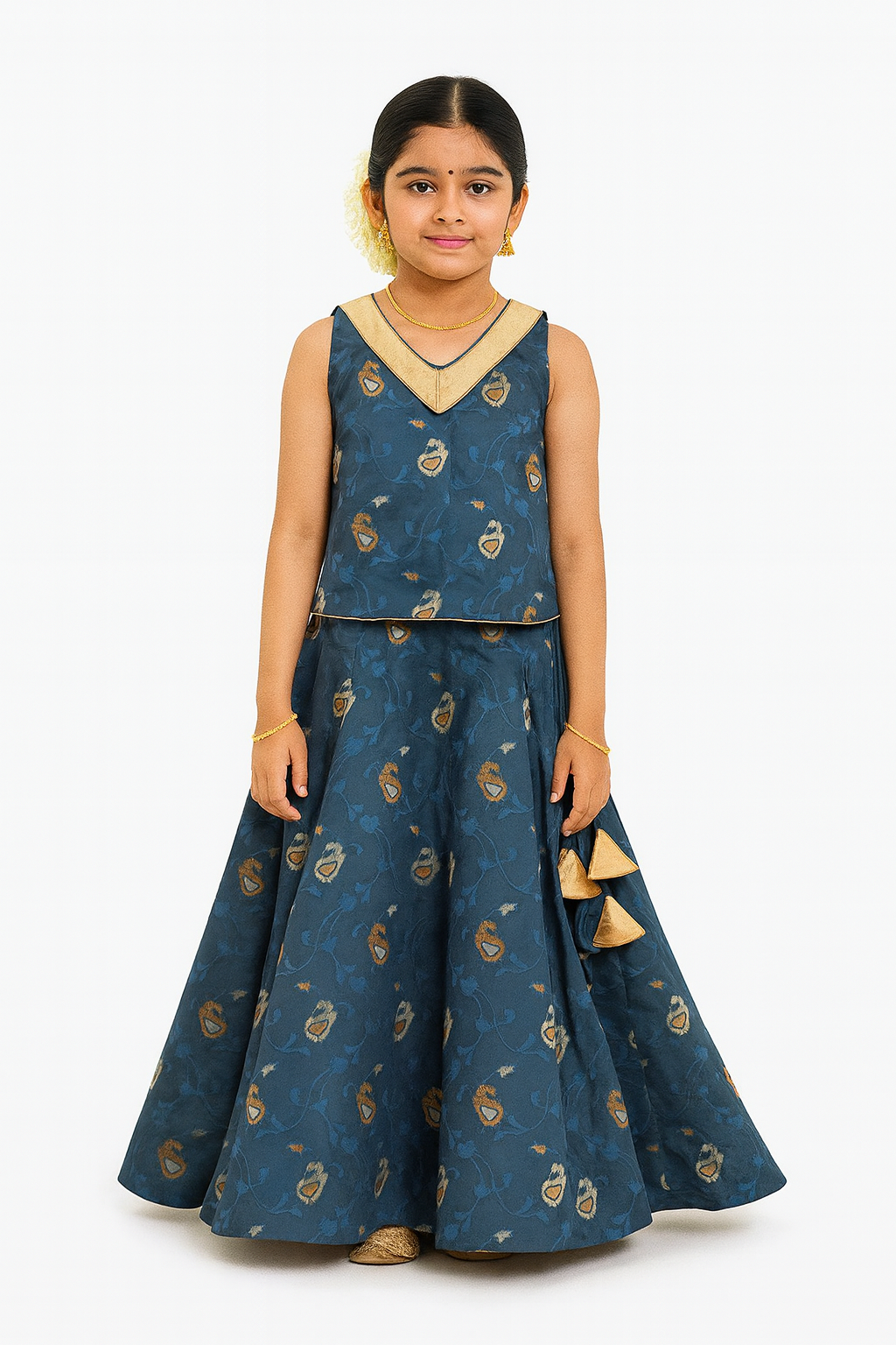 Chittythalli Girls’ Ethnic Pavadai Set – Sleeveless V-Neck Top with Flared Kali Skirt & Tassel Detailing - Navy Blue - PS60