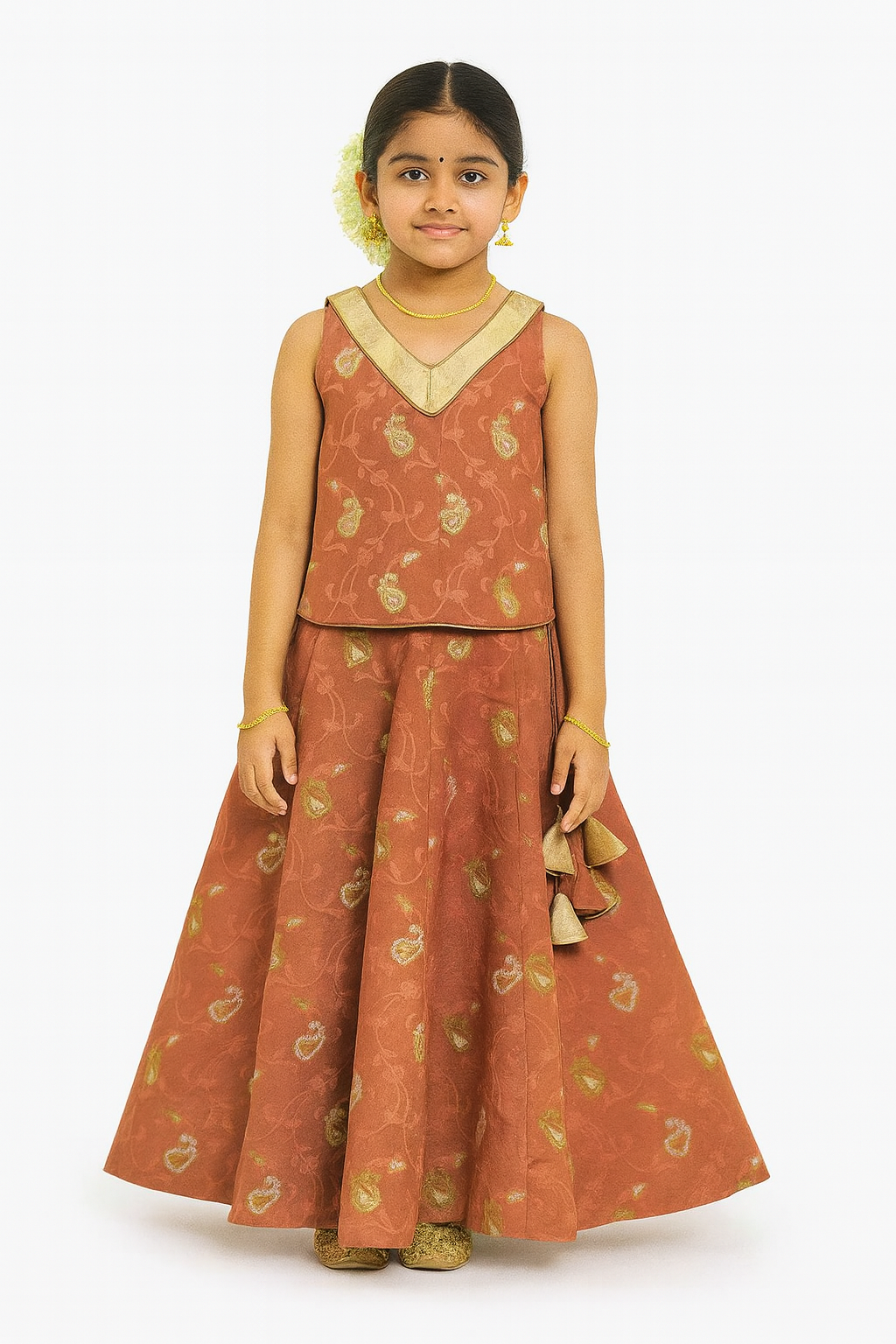 Chittythalli Girls’ Ethnic Pavadai Set – Sleeveless V-Neck Top with Flared Kali Skirt & Tassel Detailing - Peach - PS60