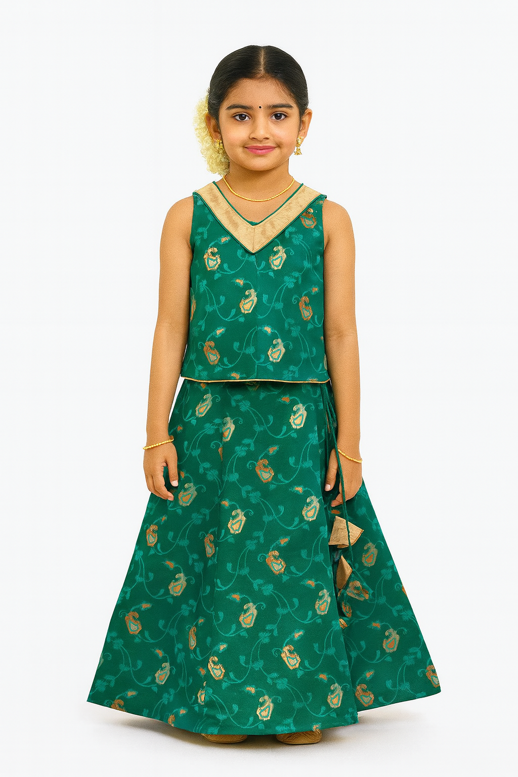 Chittythalli Girls’ Ethnic Pavadai Set – Sleeveless V-Neck Top with Flared Kali Skirt & Tassel Detailing - Teal Green - PS60