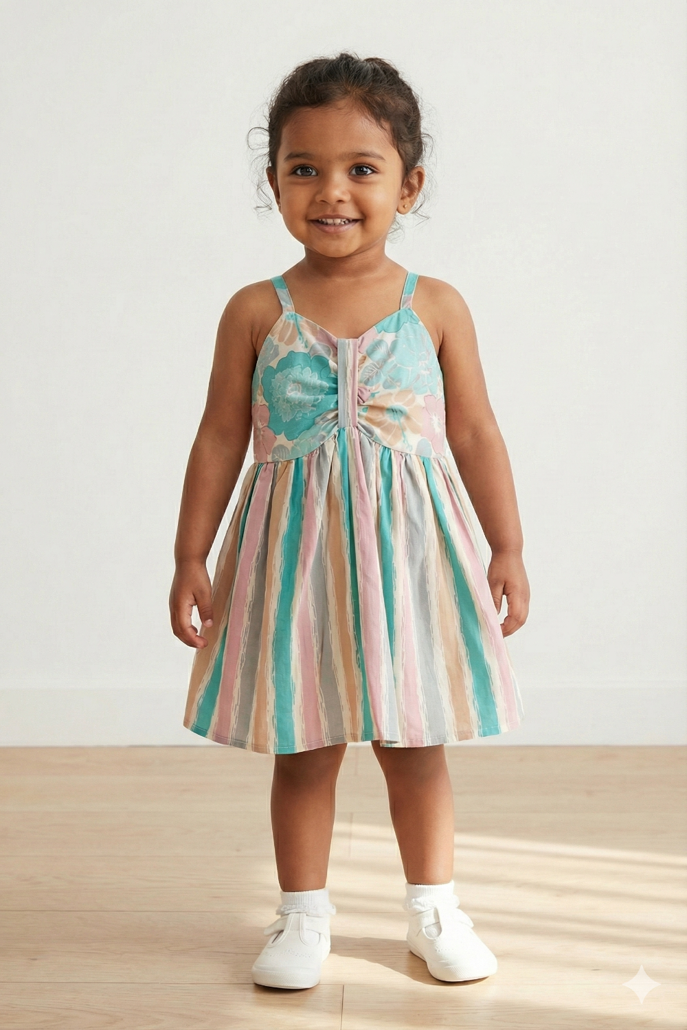 Chittythalli Girls Ethnic Summer Frock | Jaipur Printed Cotton Toddler Dress with Front Gathered Bow Top | Smocked Back | Woven Regular Fit Kids Dress - FR46