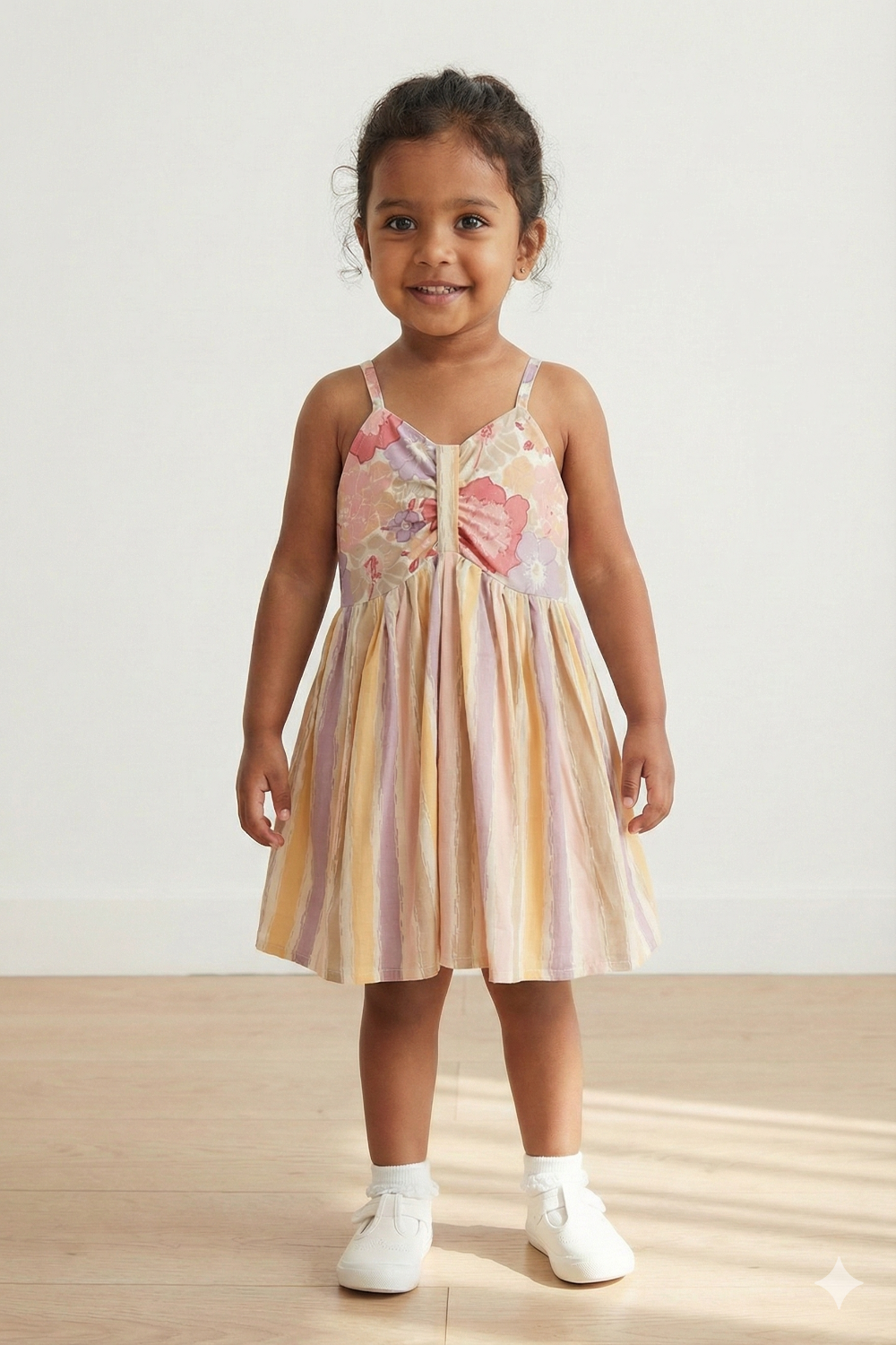 Chittythalli Girls Ethnic Summer Frock | Jaipur Printed Cotton Toddler Dress with Front Gathered Bow Top | Smocked Back | Woven Regular Fit Kids Dress - FR46