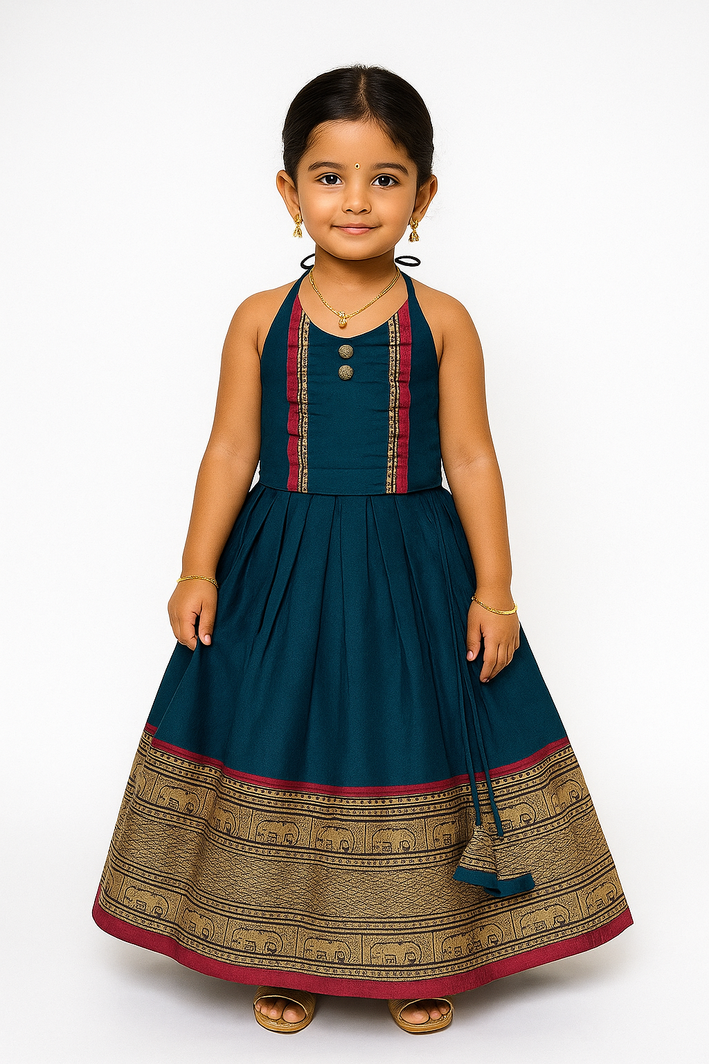 Chittythalli Girls’ Halter-Neck Pavadai Set – Cotton Blend Layered Box Pleat Skirt - Dark Blue - PS28