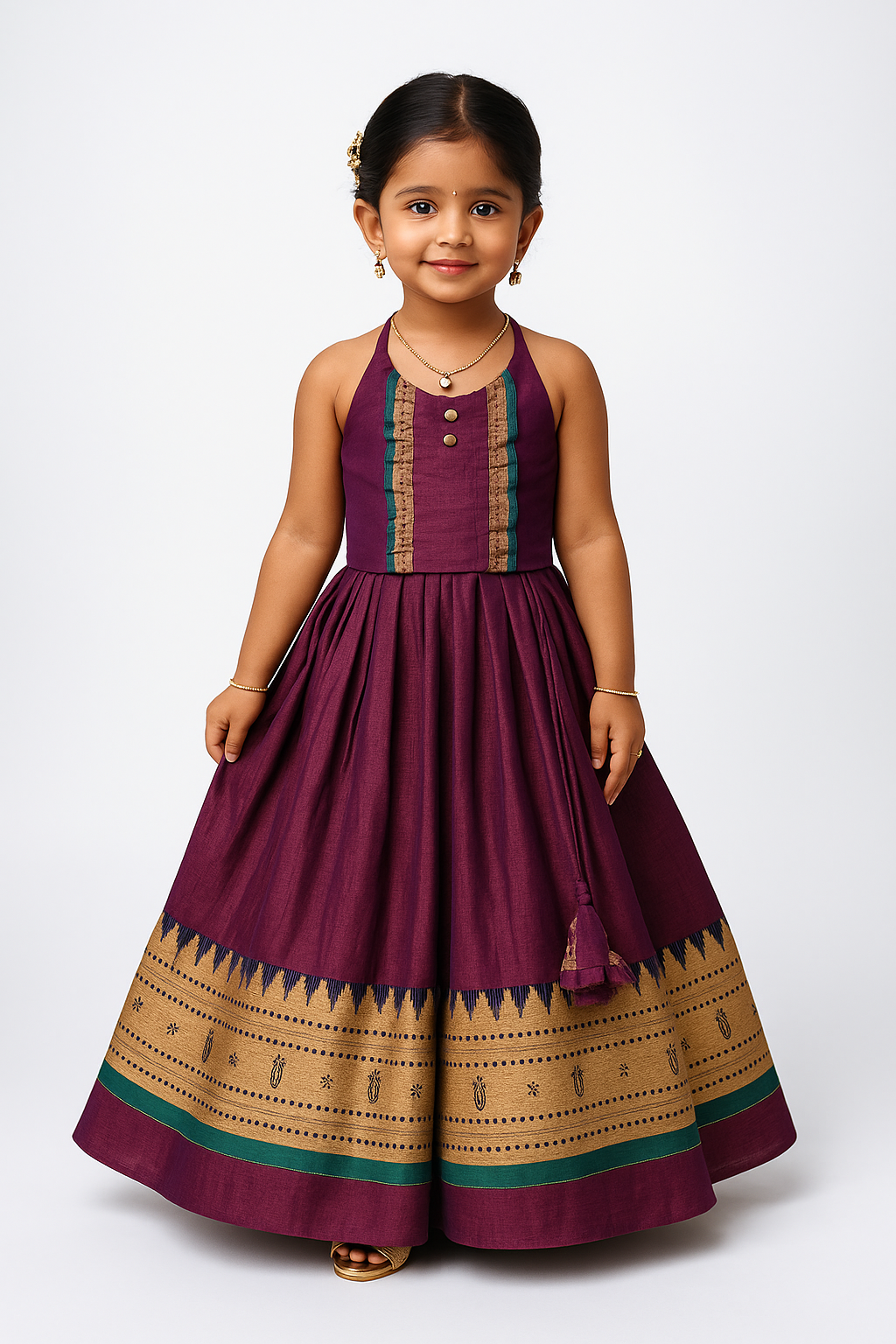 Chittythalli Girls’ Halter-Neck Pavadai Set – Cotton Blend Layered Box Pleat Skirt - Purple - PS28