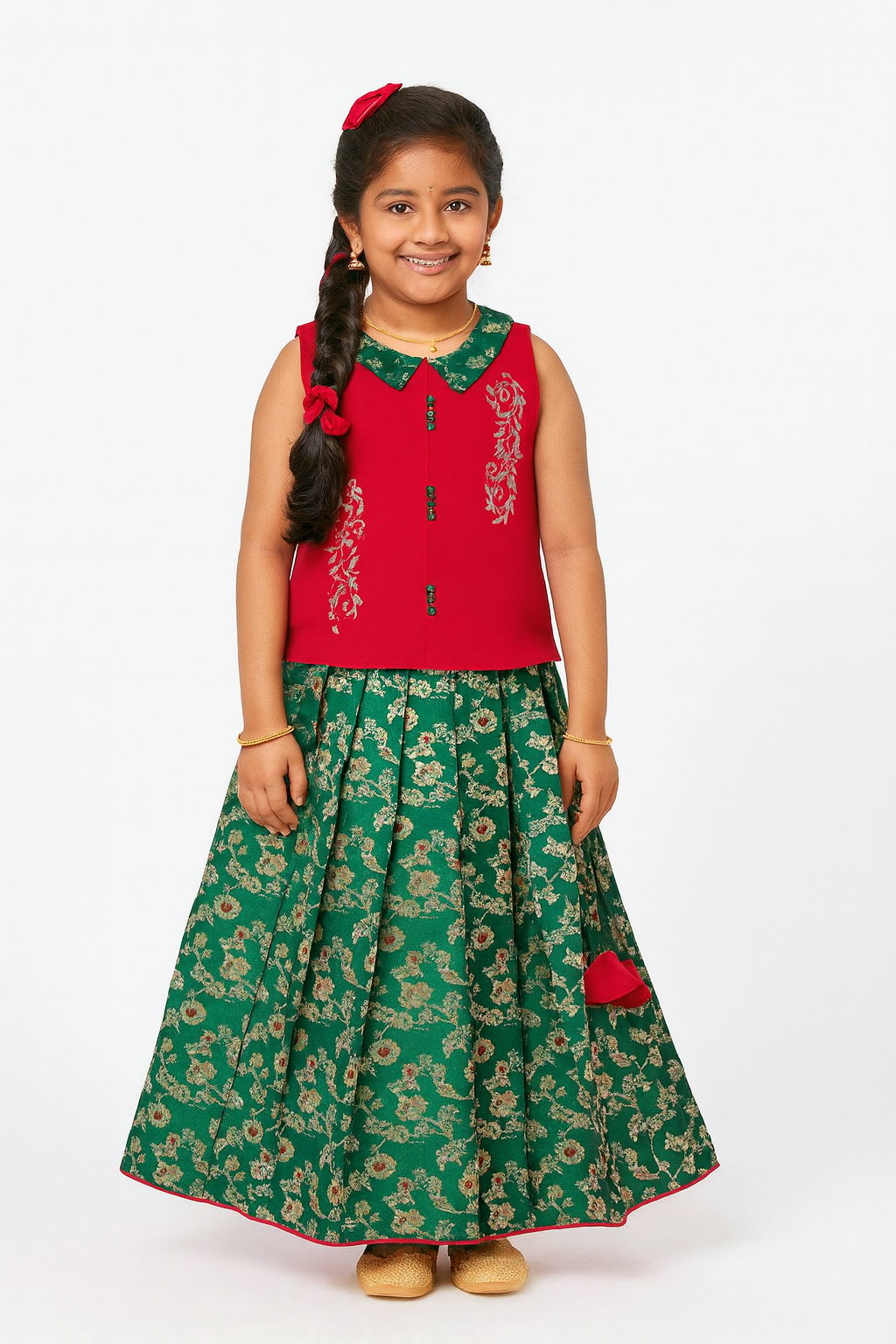 Chittythalli Girls Pavadai Set – Cotton Blouse with Brocade Collar & Zari Embroidery, Box Pleated Skirt - Red - PS80