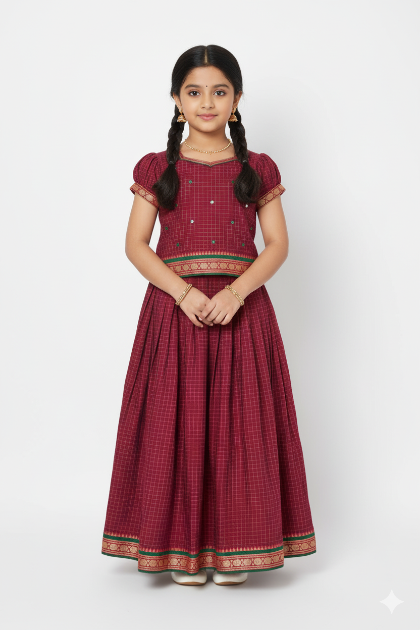 Chittythalli Girls Pavadai Set Cotton Ethnic Wear Mirror Work Puff Sleeve Top with Box Pleated Skirt- Maroon - PS88