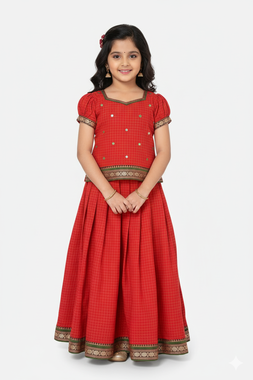 Chittythalli Girls Pavadai Set Cotton Ethnic Wear Mirror Work Puff Sleeve Top with Box Pleated Skirt- Red - PS88