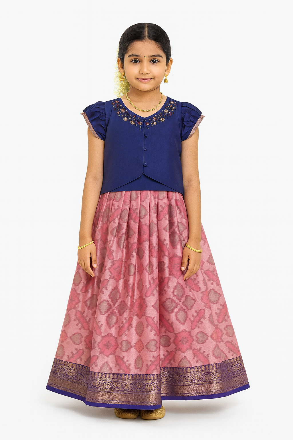 Chittythalli Girls’ Pavadai Set – V-Neck Embroidered Top with Puff Sleeves & Box-Pleated Brocade Skirt - Purple - PS38