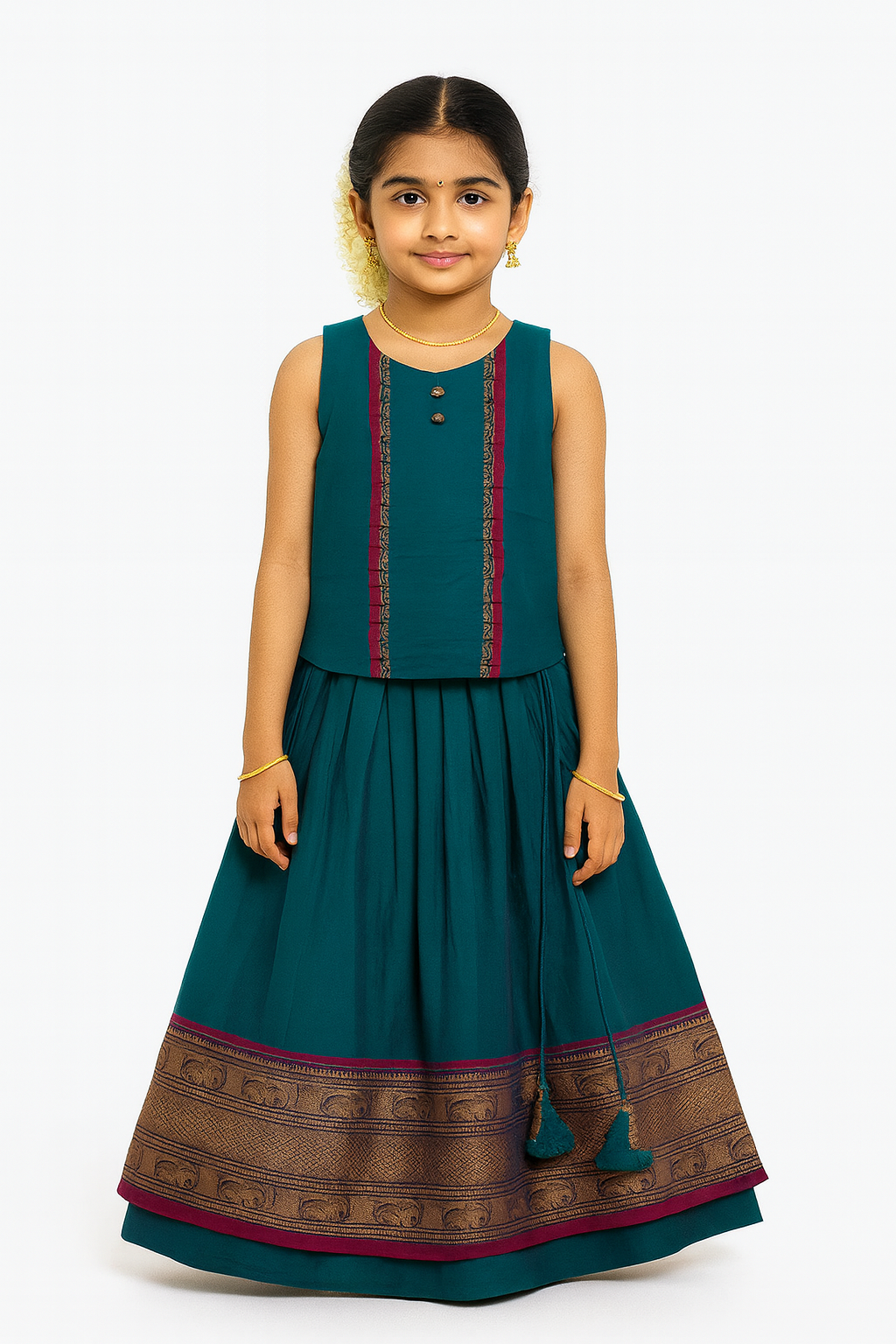 Chittythalli Girls’ Ruffle Panel Pavadai Set – Layered Box-Pleated Skirt - Dark Blue - PS28