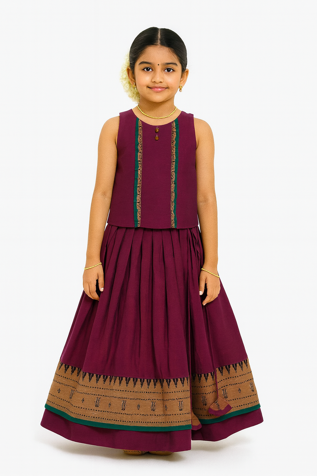 Chittythalli Girls’ Ruffle Panel Pavadai Set – Layered Box-Pleated Skirt - Purple - PS28