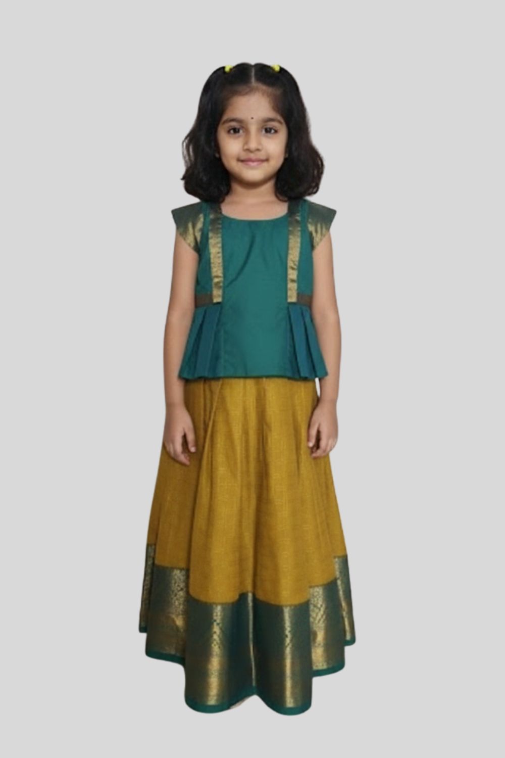 Chittythalli Girls Traditional Pavadai Set | Art Silk Teal Peplum Top with Border Flat Piping & Mini Cap Sleeves | Mustard Yellow Pleated Skirt | Back Open Gold Button | Woven Ethnic Wear for Girls - PS006
