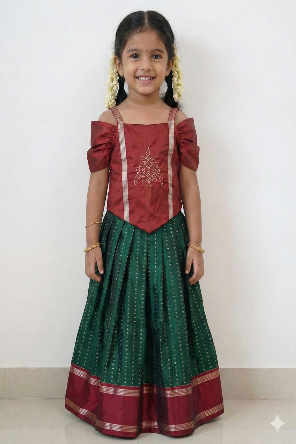 Chittythalli Girls Traditional Pavadai Set | Art Silk V-Cut Maroon Top with Gathered Cold Shoulder Sleeves & Kolam Motif Embroidery | Green Knife Pleated Skirt | Back Open Gold Button | Woven Ethnic Wear for Girls - PS005