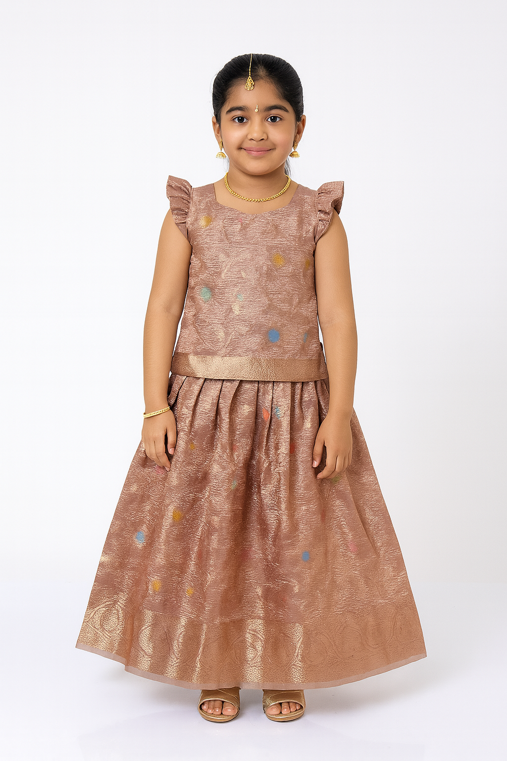 Chittythalli Girls Traditional Pavadai Set – Sweetheart Neck Pleated Top with Box-Pleated Skirt | Ethnic Wear - Copper - PS81