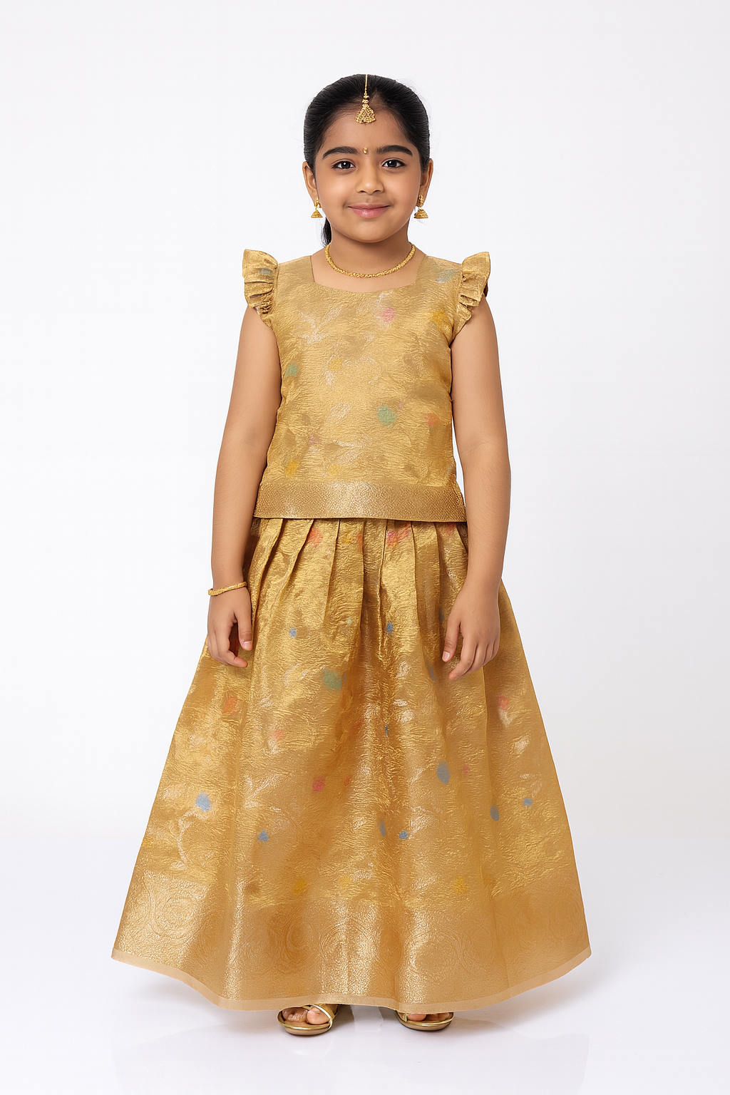 Chittythalli Girls Traditional Pavadai Set – Sweetheart Neck Pleated Top with Box-Pleated Skirt | Ethnic Wear - Gold - PS81
