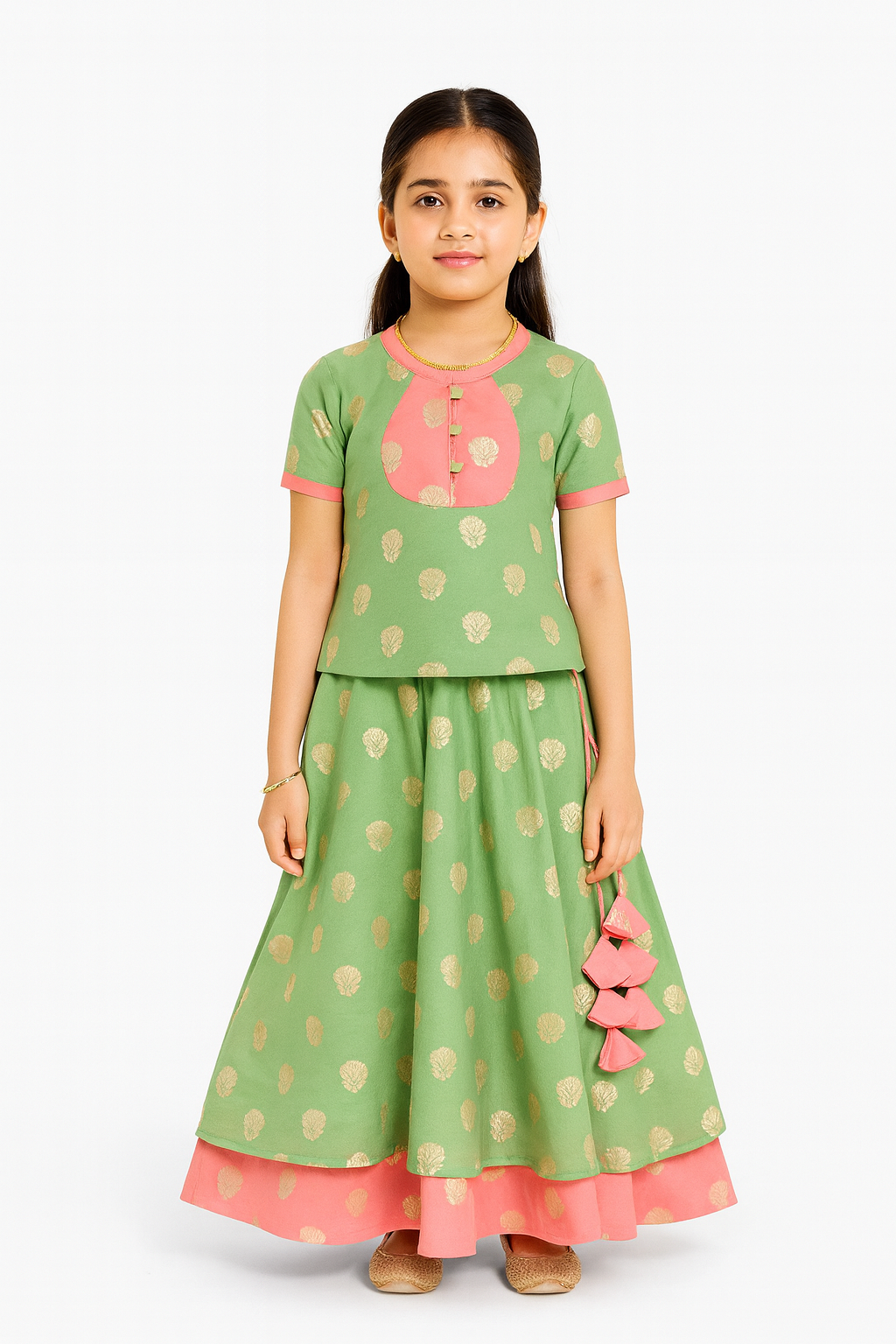 Chittythalli Girls Traditional Pavadai Set with Mandarin Collar Top and Double Layered Flared Skirt - Green - PS70