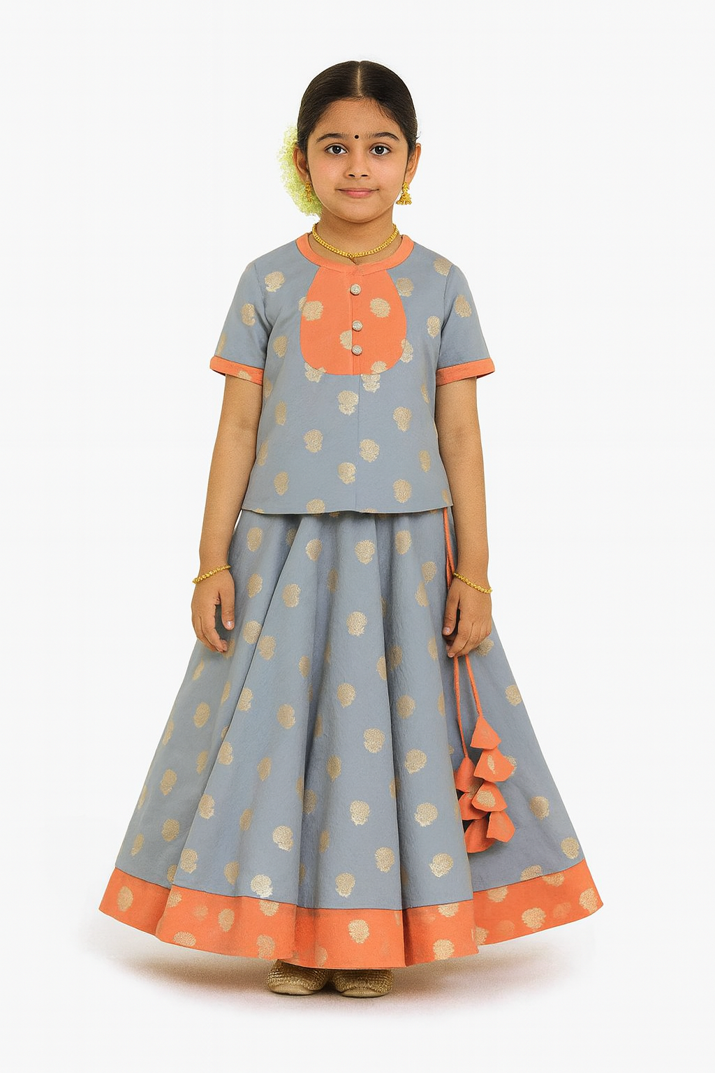 Chittythalli Girls Traditional Pavadai Set with Mandarin Collar Top and Double Layered Flared Skirt - Grey - PS70