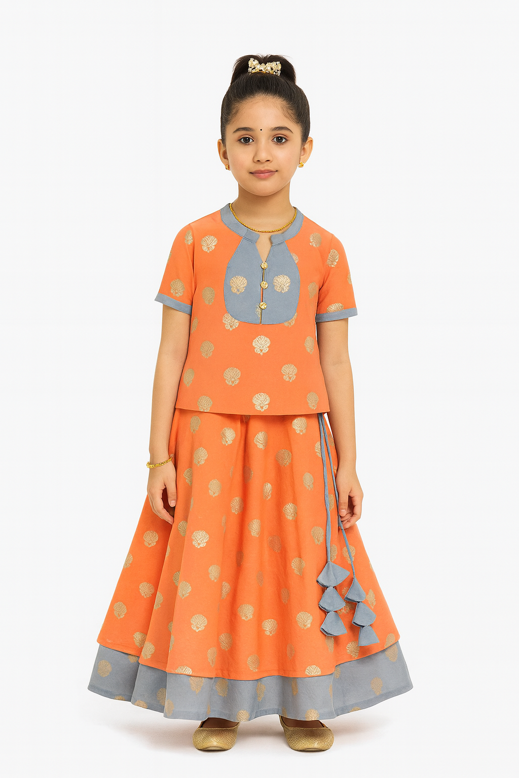 Chittythalli Girls Traditional Pavadai Set with Mandarin Collar Top and Double Layered Flared Skirt - Orange - PS70