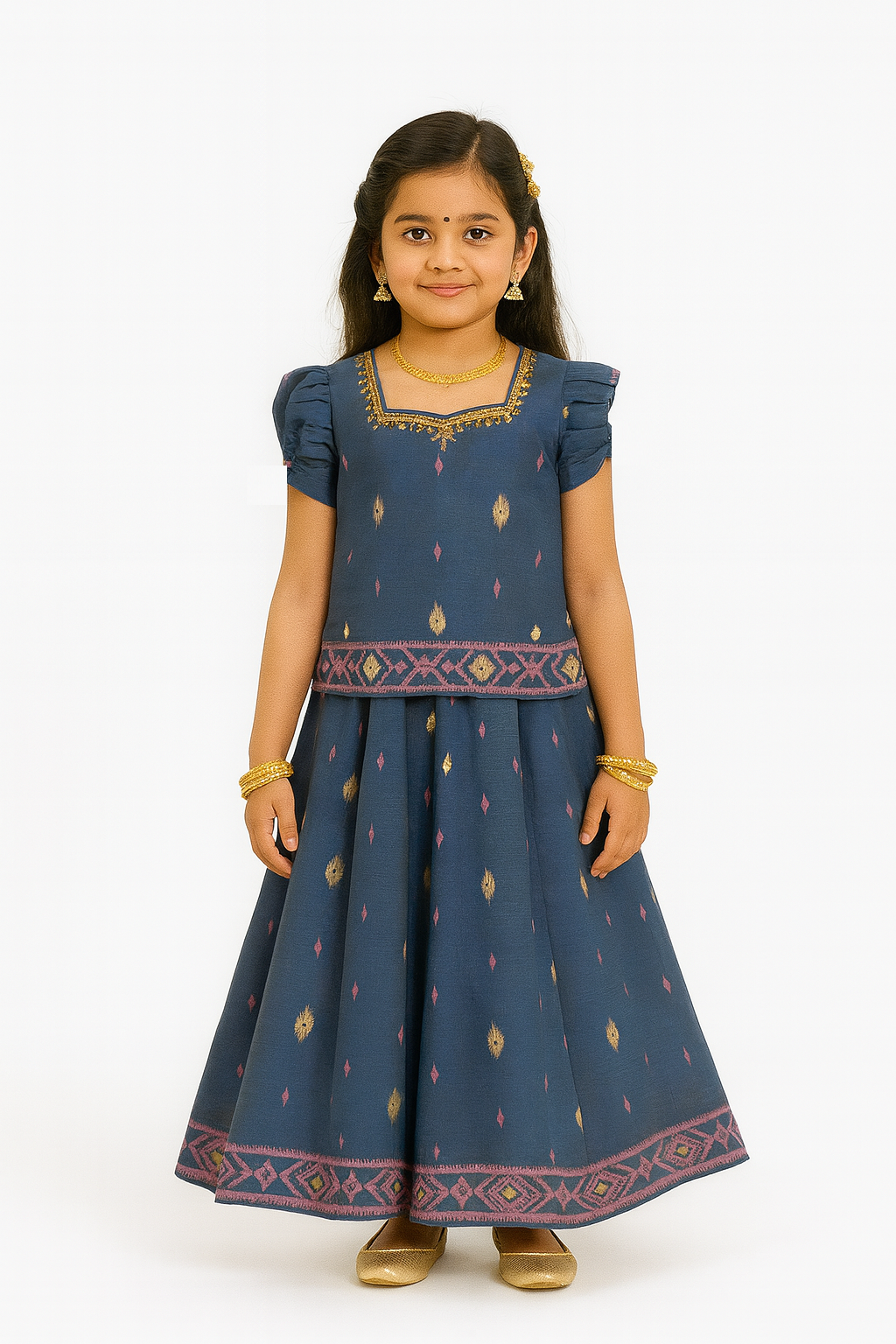 Chittythalli Traditional Girls Pavadai Set Three-Pointed Neck Blouse with Flared Skirt - Blue - PS87