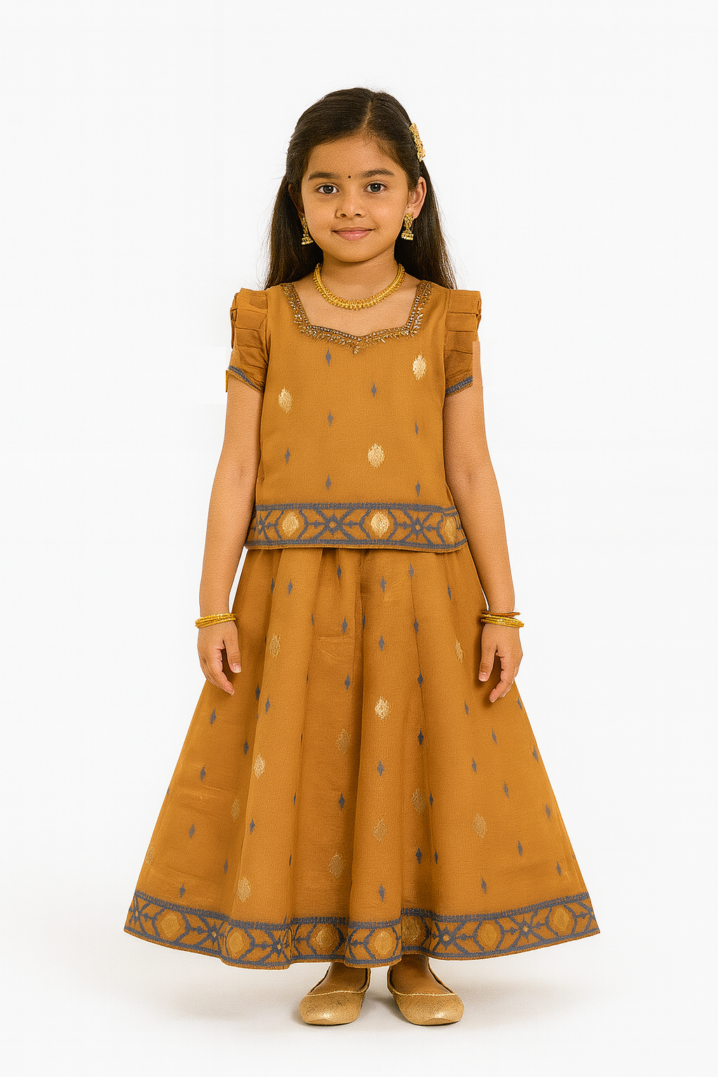 Chittythalli Traditional Girls Pavadai Set Three-Pointed Neck Blouse with Flared Skirt - Mustard - PS87