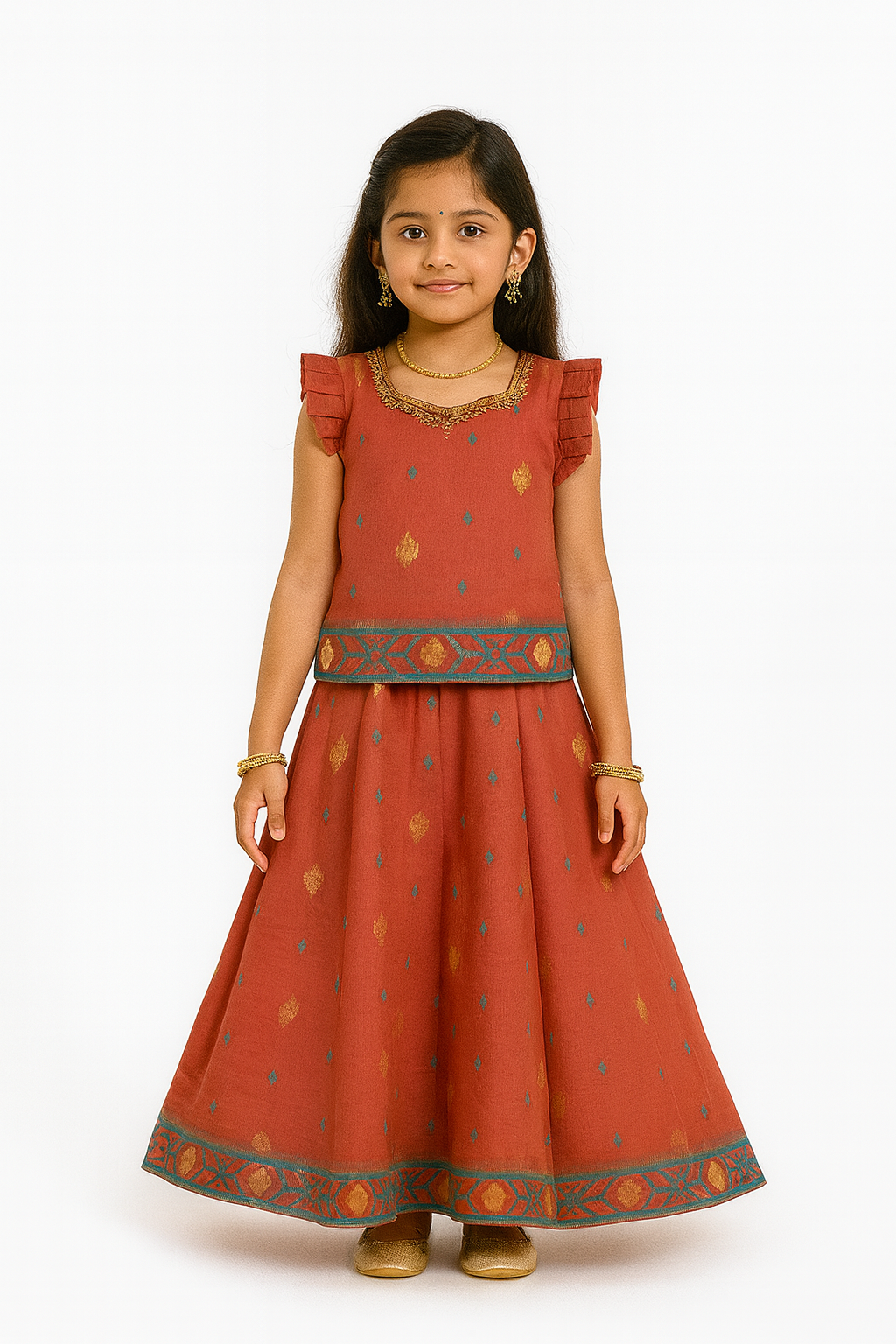 Chittythalli Traditional Girls Pavadai Set Three-Pointed Neck Blouse with Flared Skirt - Peach - PS87