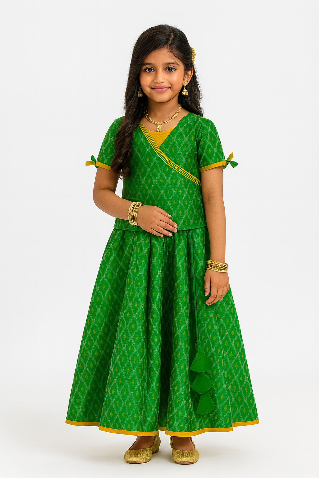 Chittythalli Traditional Pure Ikat Raw Silk Handloom Pavadai Set Wrap with Tie Sleeves & Flared Tassel Skirt - Green - PS84