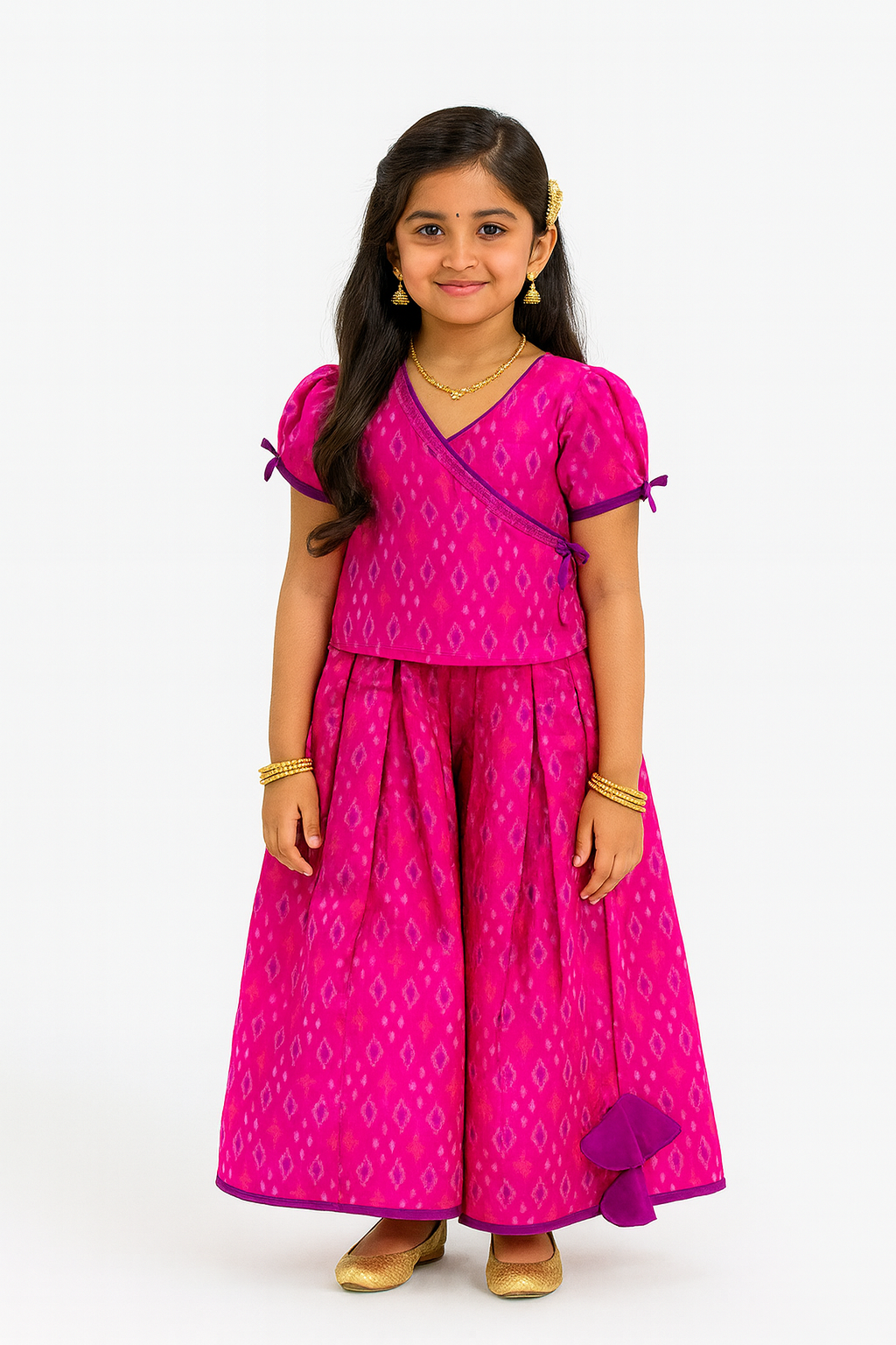 Chittythalli Traditional Pure Ikat Raw Silk Handloom Pavadai Set Wrap with Tie Sleeves & Flared Tassel Skirt - Pink  - PS84