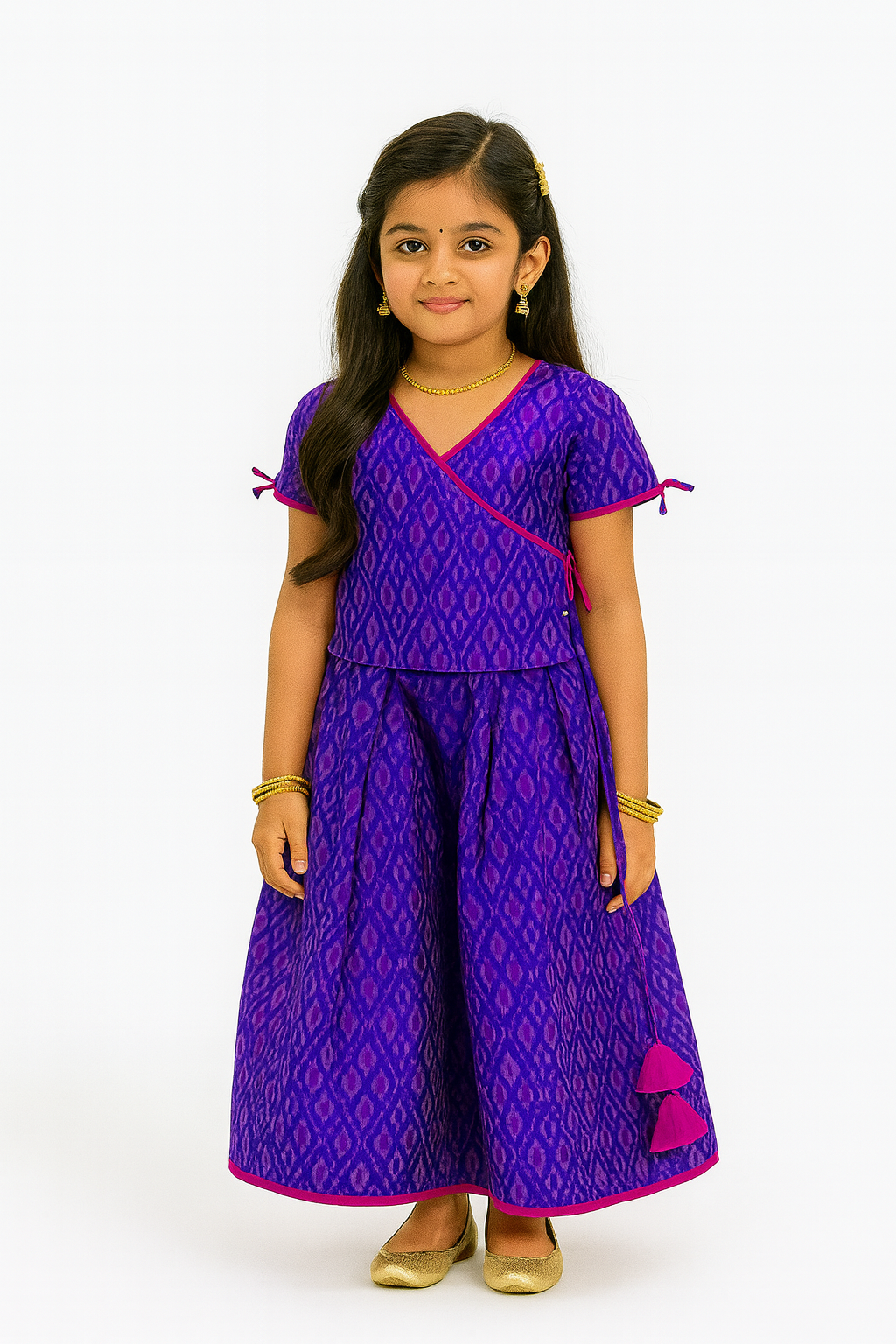 Chittythalli Traditional Pure Ikat Raw Silk Handloom Pavadai Set Wrap with Tie Sleeves & Flared Tassel Skirt - Violet - PS84