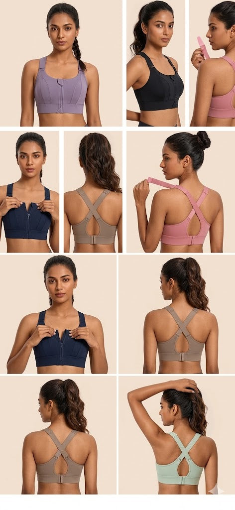 High Support Sports Bra for Women – Front Zip Adjustable Strap Workout Padded Bra with Velcro Straps & Underband | Gym, Running & Training Bra - 0839