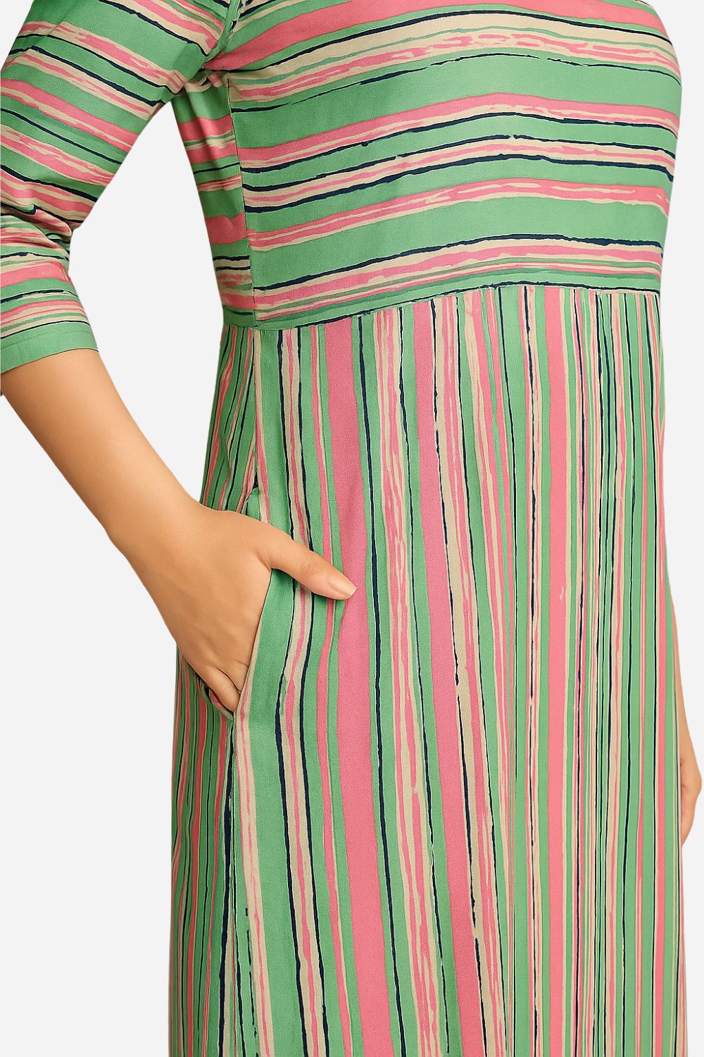 Mythri Striped Cotton Kurta for Women | Everyday Straight Kurti with Round Neck and Comfortable 3/4th Sleeves - S102