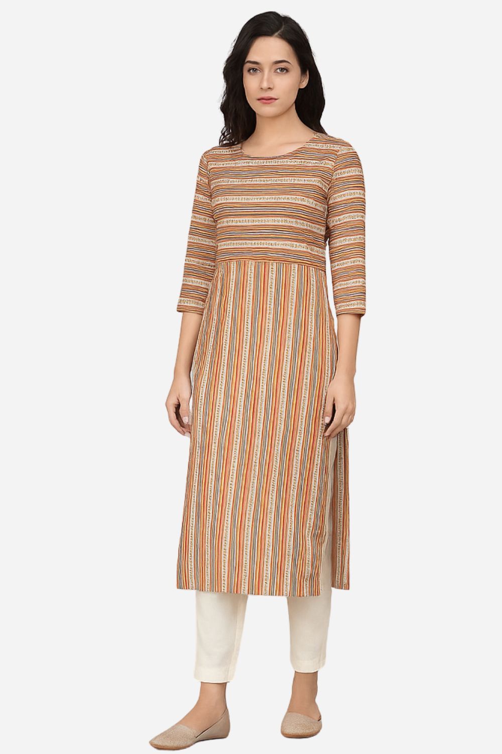 Mythri Striped Cotton Kurta for Women | Everyday Straight Kurti with Round Neck and Comfortable 3/4th Sleeves - S104