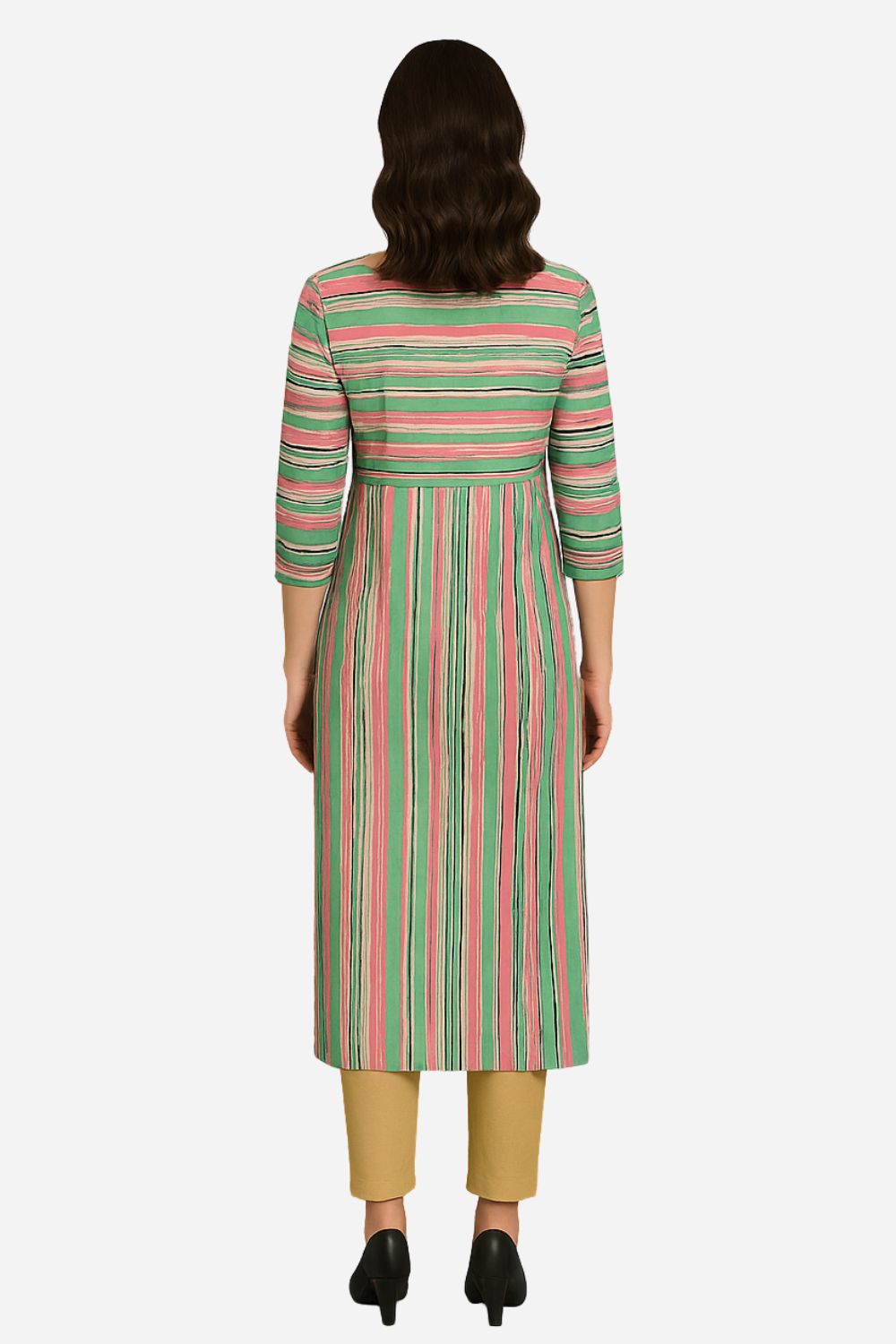Mythri Striped Cotton Kurta for Women | Everyday Straight Kurti with Round Neck and Comfortable 3/4th Sleeves - S102