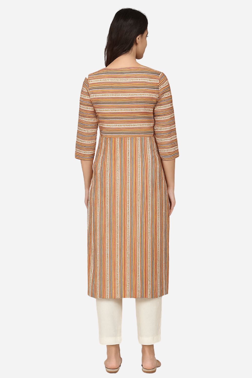 Mythri Striped Cotton Kurta for Women | Everyday Straight Kurti with Round Neck and Comfortable 3/4th Sleeves - S104