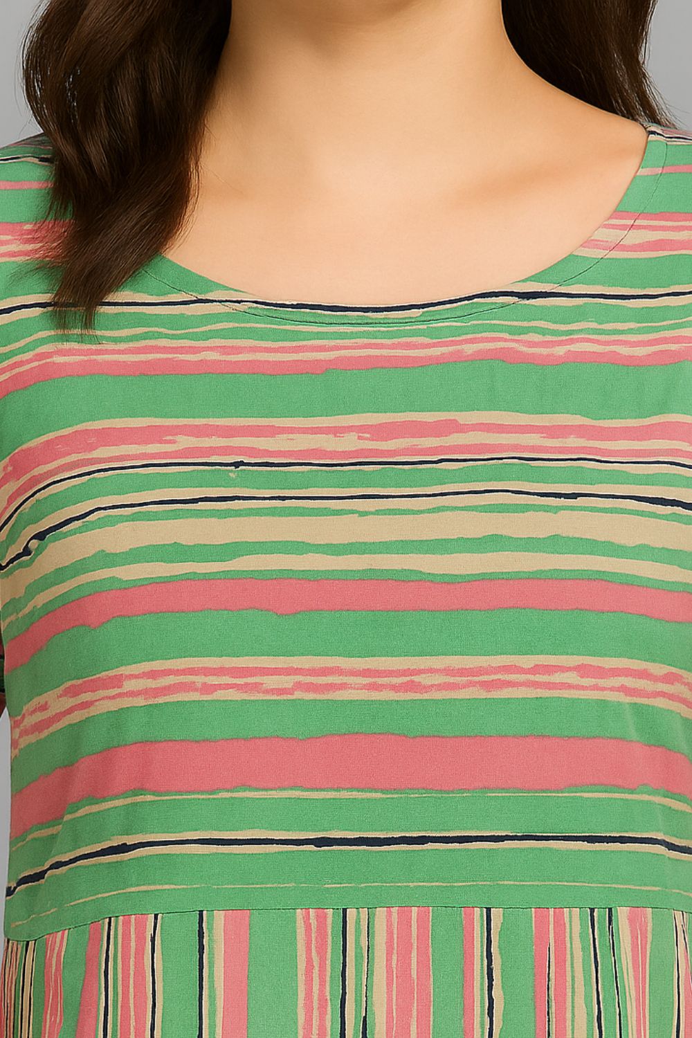 Mythri Striped Cotton Kurta for Women | Everyday Straight Kurti with Round Neck and Comfortable 3/4th Sleeves - S102