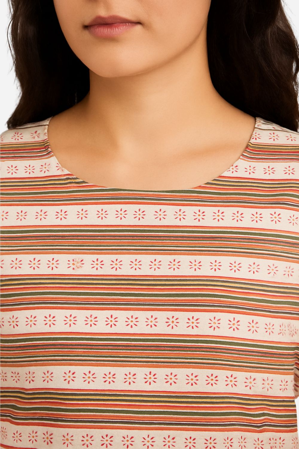 Mythri Striped Cotton Kurta for Women | Everyday Straight Kurti with Round Neck and Comfortable 3/4th Sleeves - S104