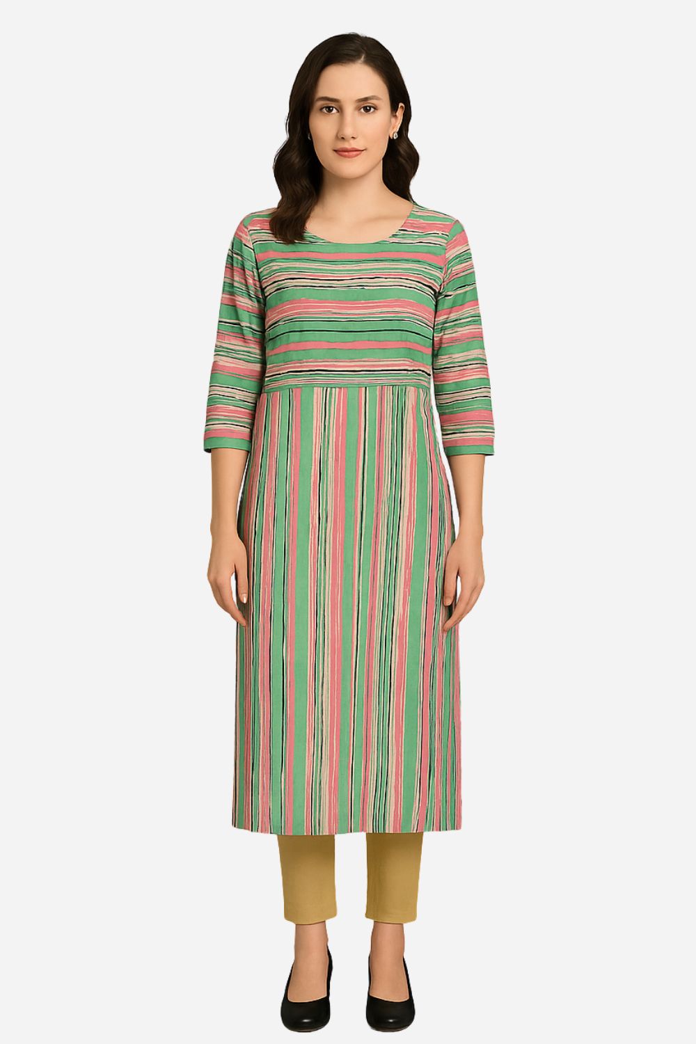 Mythri Striped Cotton Kurta for Women | Everyday Straight Kurti with Round Neck and Comfortable 3/4th Sleeves - S102