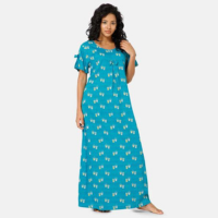 Woman wearing a turquoise printed cotton nightdress