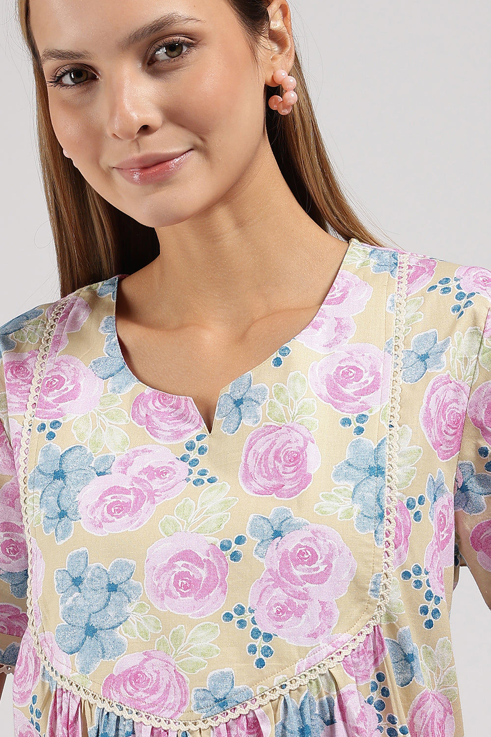 Naidu Hall Printed Cotton Nighty for Women – Full Length Flared A-Line Sleepwear with Lace Yoke & Pocket | Comfortable Daily Wear Nighty
 - N131