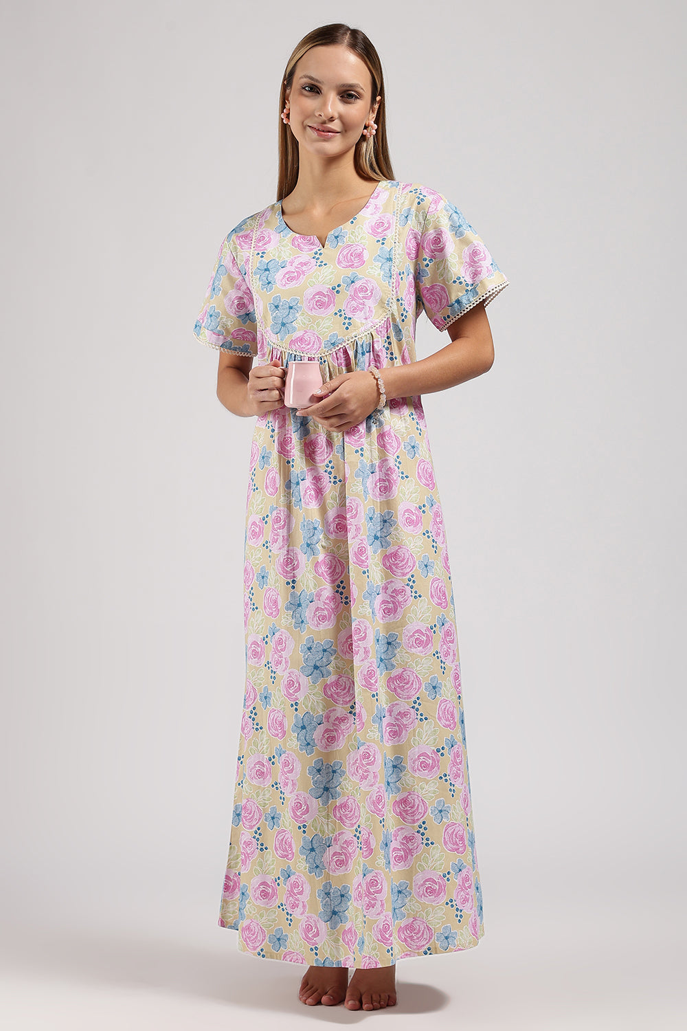 Naidu Hall Printed Cotton Nighty for Women – Full Length Flared A-Line Sleepwear with Lace Yoke & Pocket | Comfortable Daily Wear Nighty
 - N131