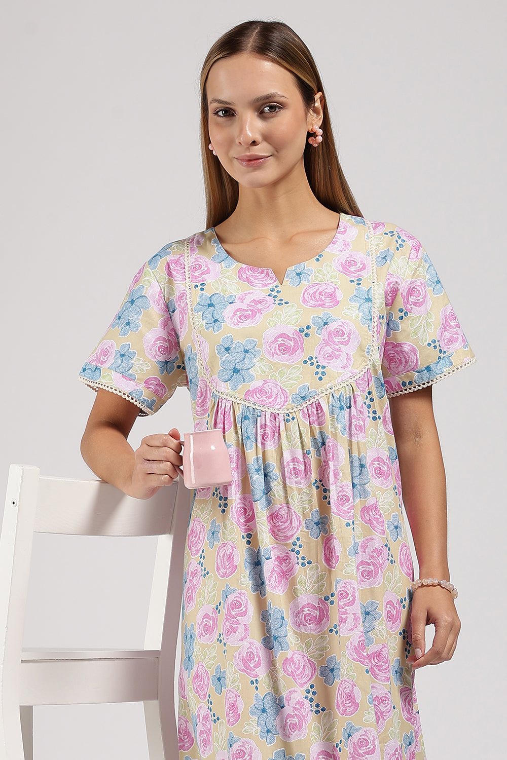 Naidu Hall Printed Cotton Nighty for Women – Full Length Flared A-Line Sleepwear with Lace Yoke & Pocket | Comfortable Daily Wear Nighty
 - N131