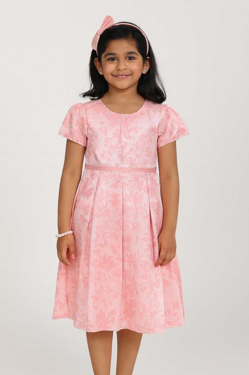 The Young Future Round Neck Short Puff Sleeves Girls Frock - Light Pink - DR02