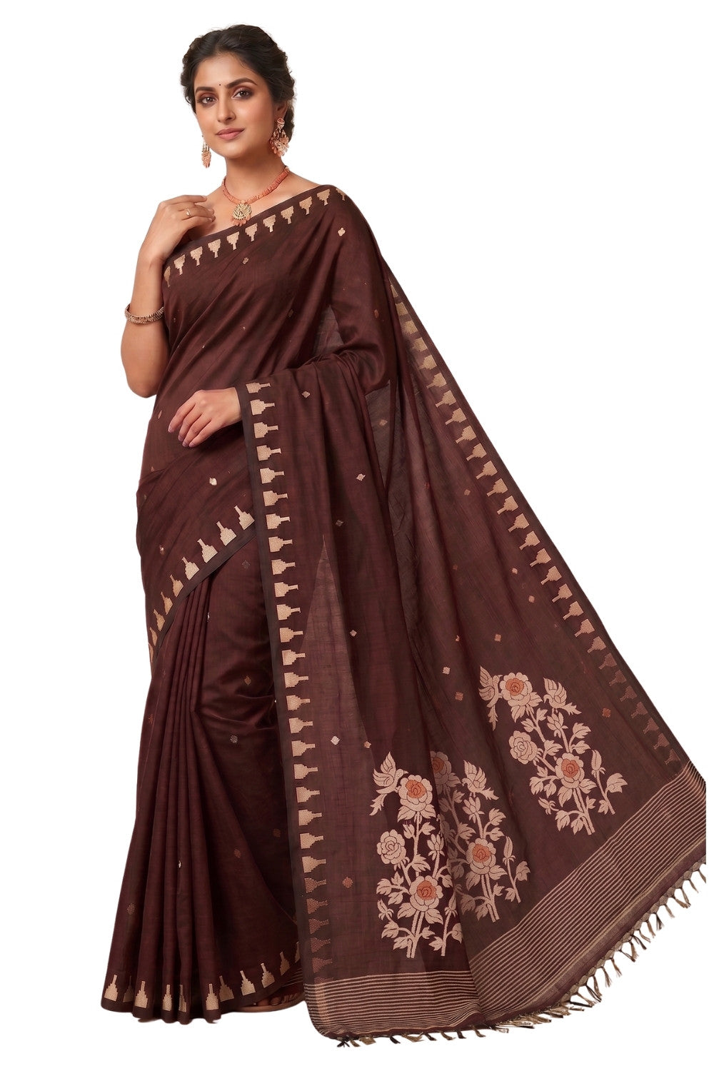 Naidu Hall Women's Dark Brown Khadi Cotton Blend Jacquard Saree with Blouse | Lightweight Ethnic Wear Saree - G533