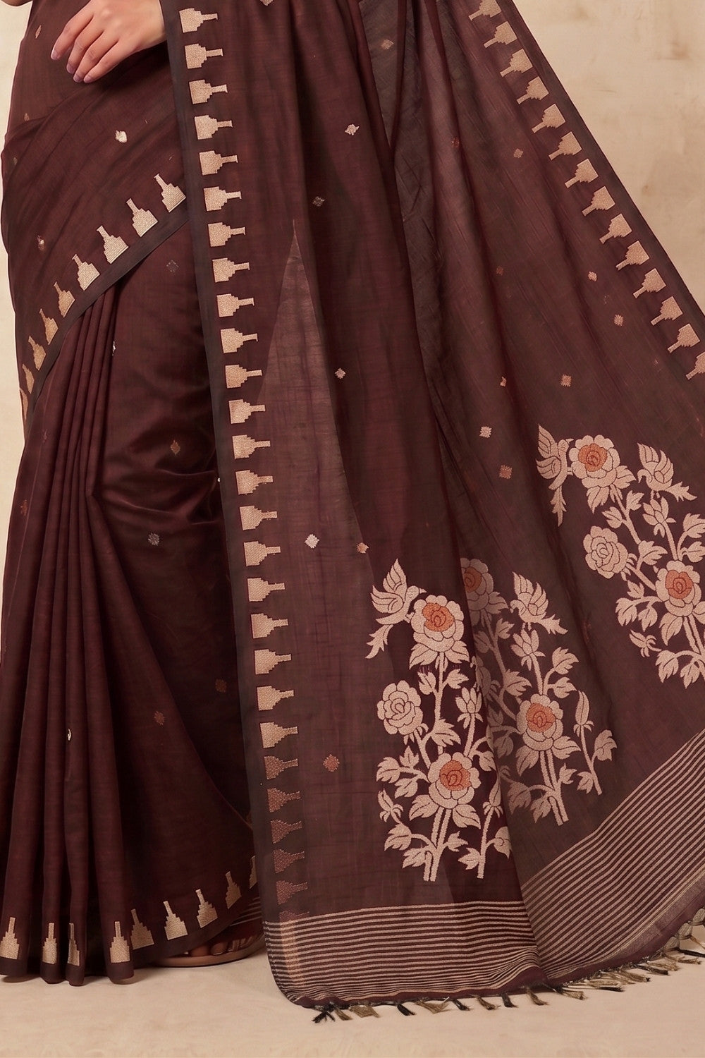 Naidu Hall Women's Dark Brown Khadi Cotton Blend Jacquard Saree with Blouse | Lightweight Ethnic Wear Saree - G533